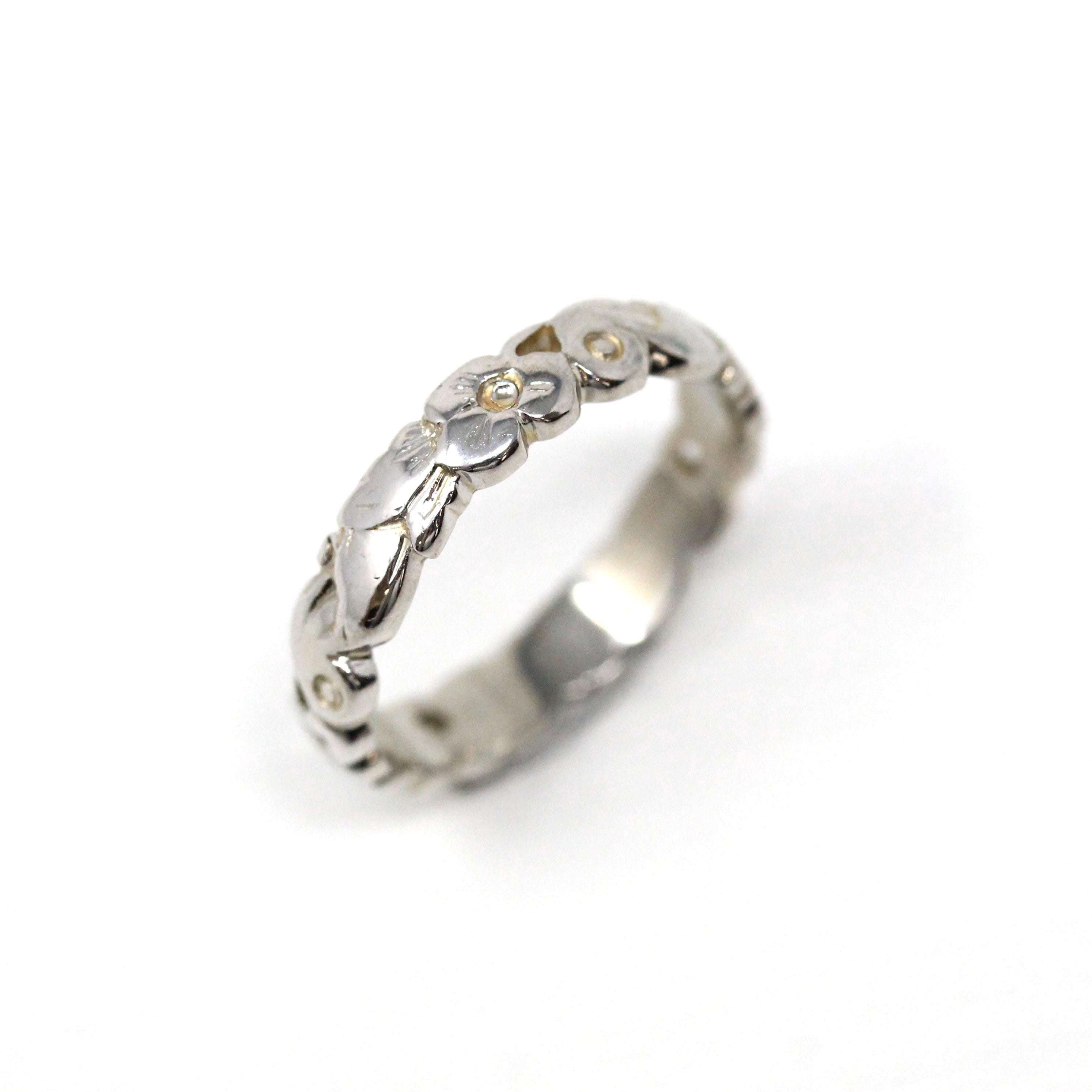 Bird & Flower Band - Vintage 18k White Gold Flora and Fauna Unisex Ring - Mid Century Circa 1950s Era Size 5 Bridal Fine 50s Wedding Jewelry