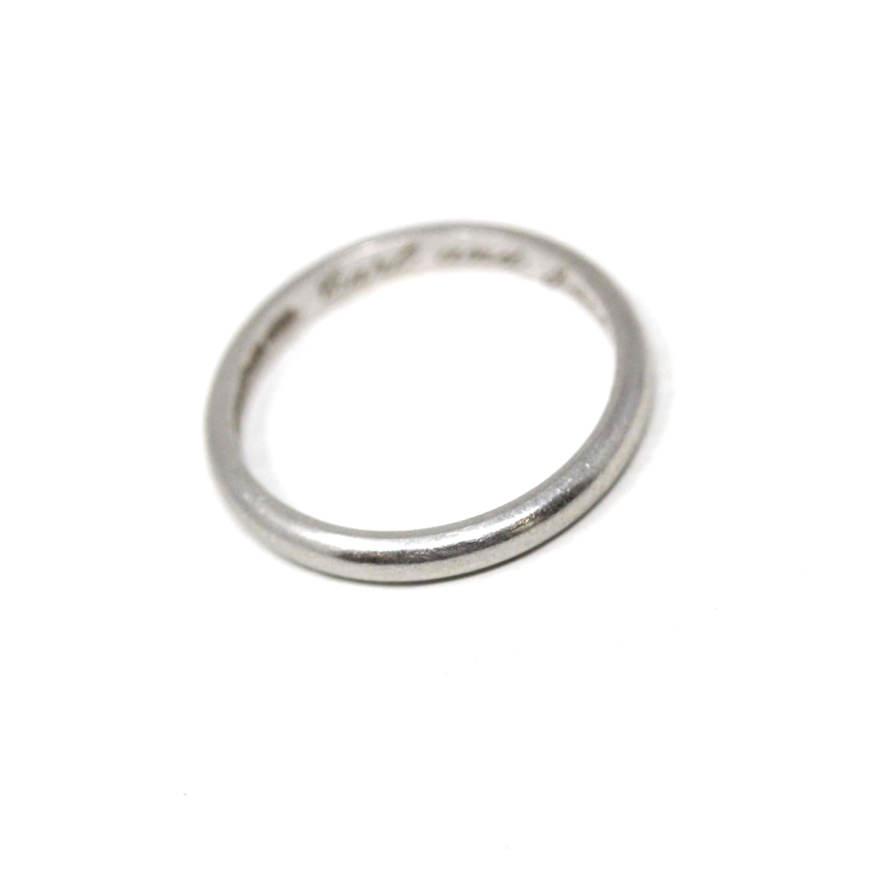 Vintage Wedding Band - Mid Century Era Platinum 2 MM Bridal Ring - Dated 1949 Size 5 Heirloom Fine Carl And Jackie Engraved Keepsake Jewelry