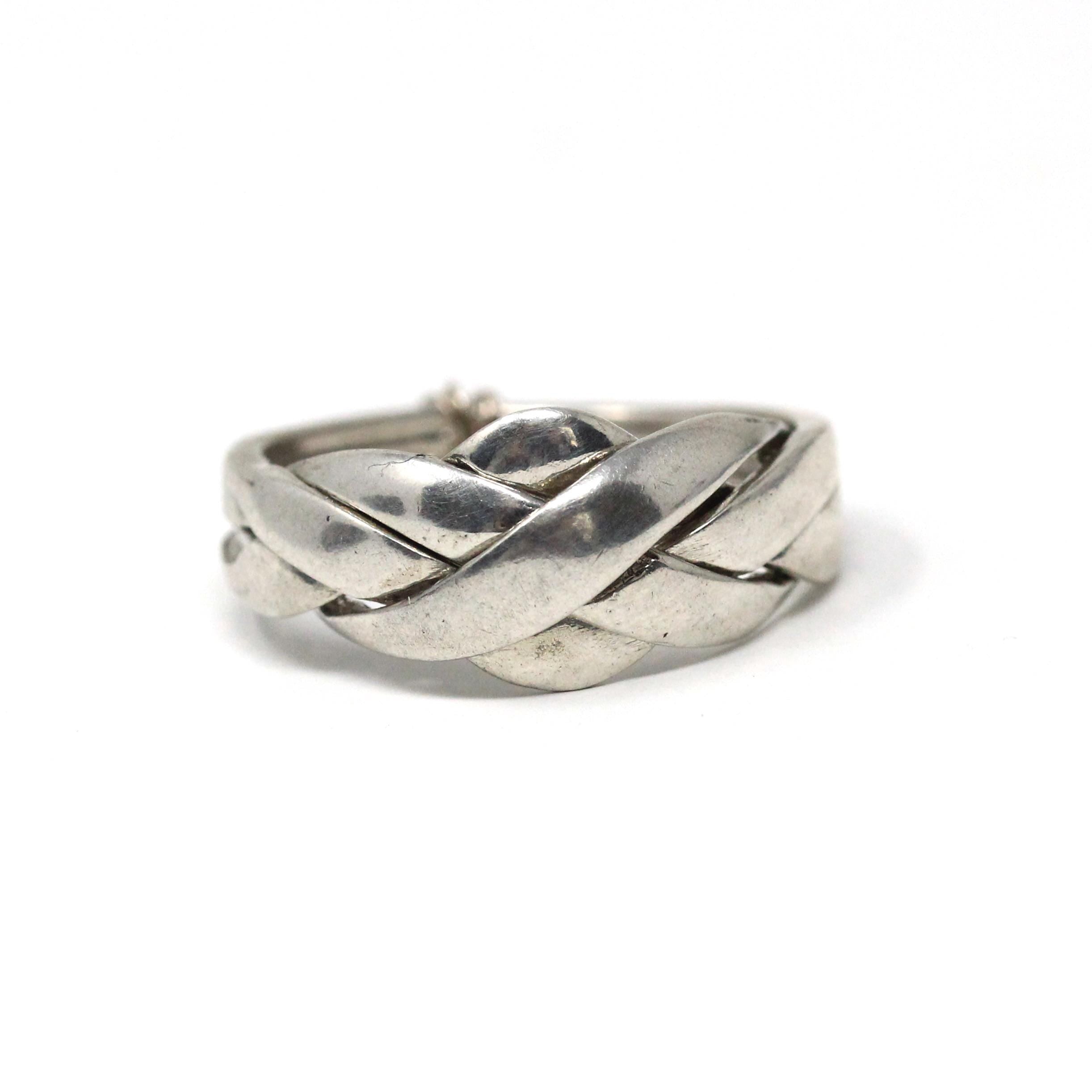 Modern Puzzle Ring - Estate Sterling Silver Four Interlocking Statement Band - Circa 2000's Size 7 Infinity Woven Knot Interactive Jewelry