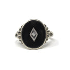 Vintage Onyx Ring - Mid Century 10k White Gold Oval Black Chalcedony Gemstone - Circa 1940s Era Size 6 Natural .01 CT Diamond Fine Jewelry