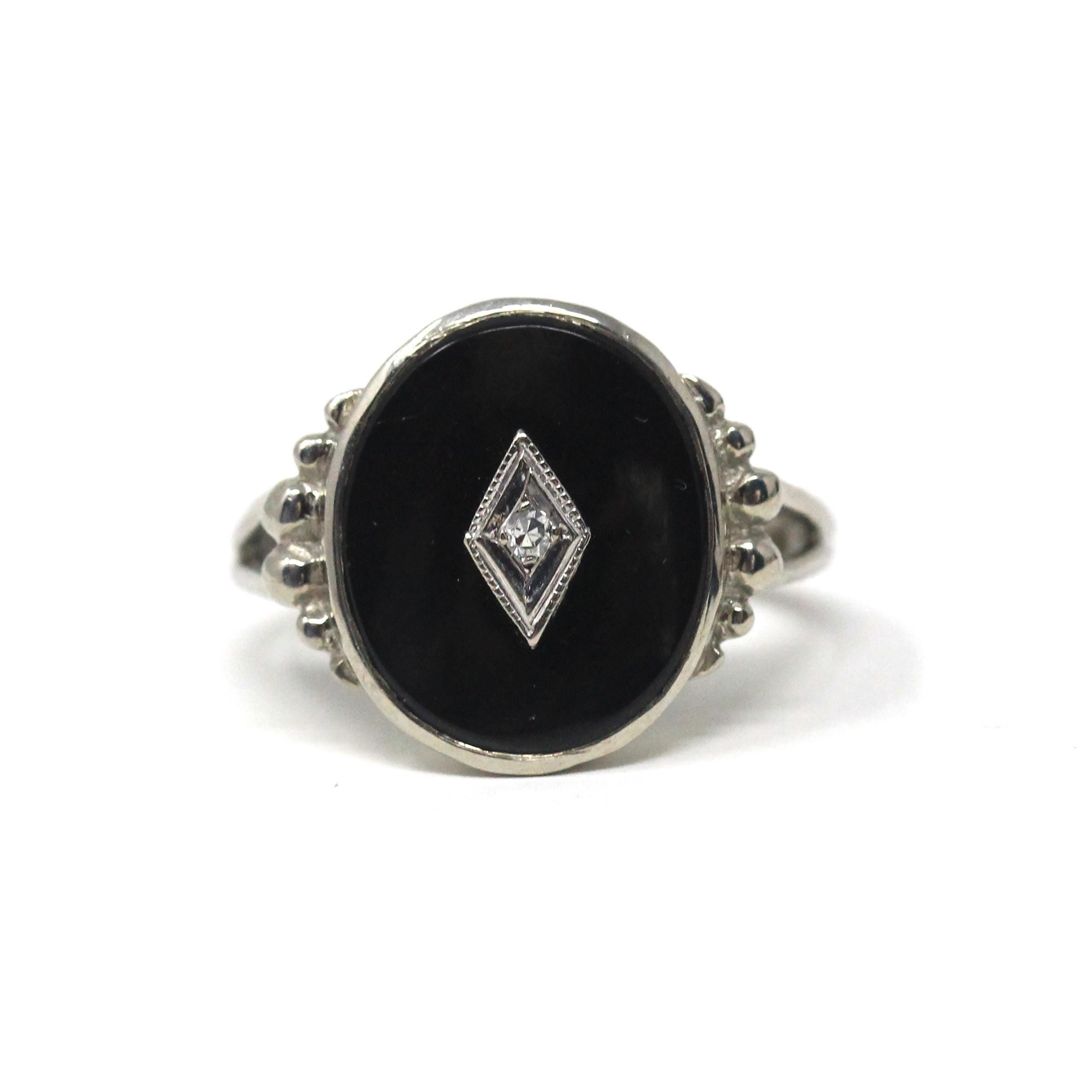 Vintage Onyx Ring - Mid Century 10k White Gold Oval Black Chalcedony Gemstone - Circa 1940s Era Size 6 Natural .01 CT Diamond Fine Jewelry
