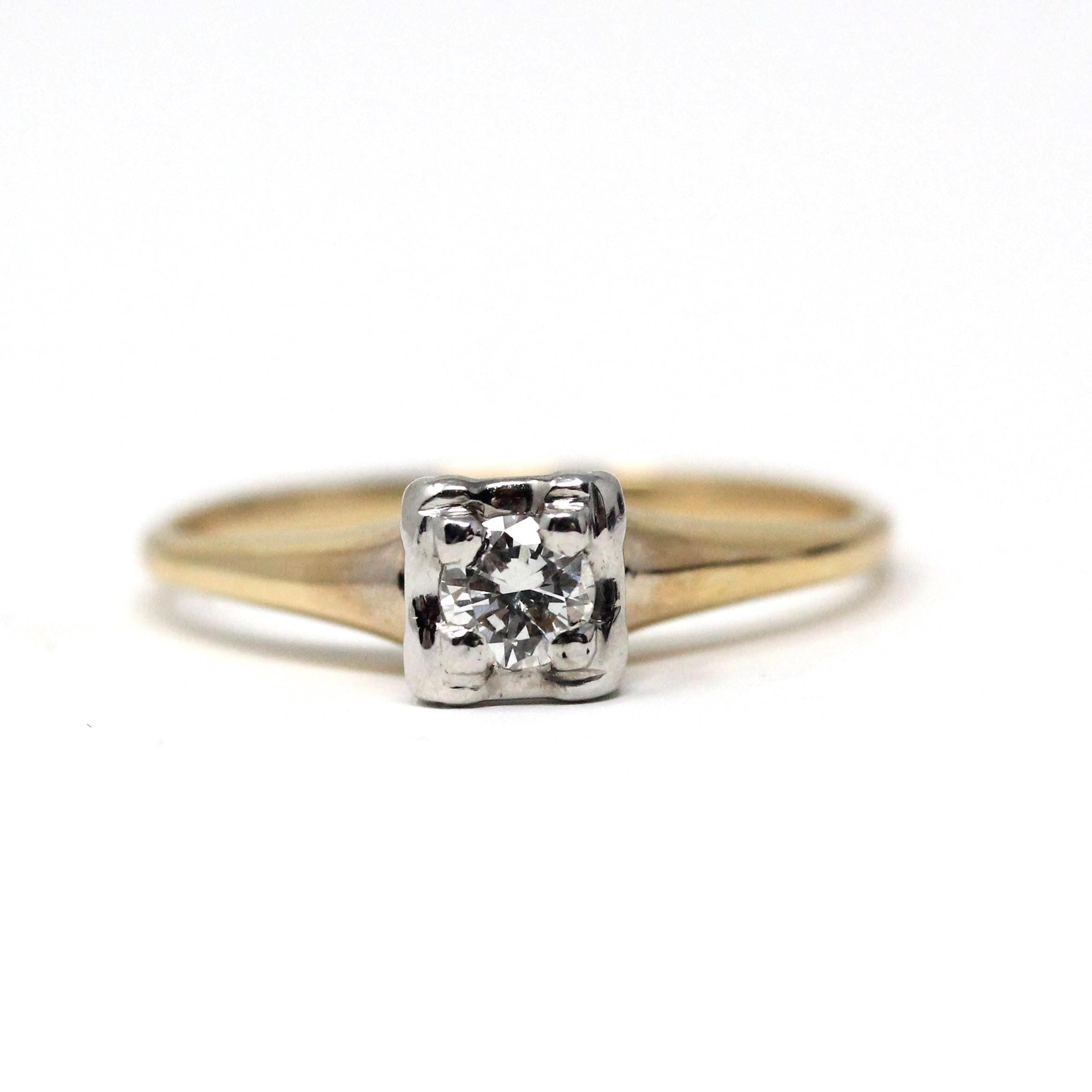 Vintage Diamond Ring - Mid Century 14k Yellow White Gold Natural Gem Solitaire Engagement - Circa 1940s Size 6 Illusion Head Fine Jewelry