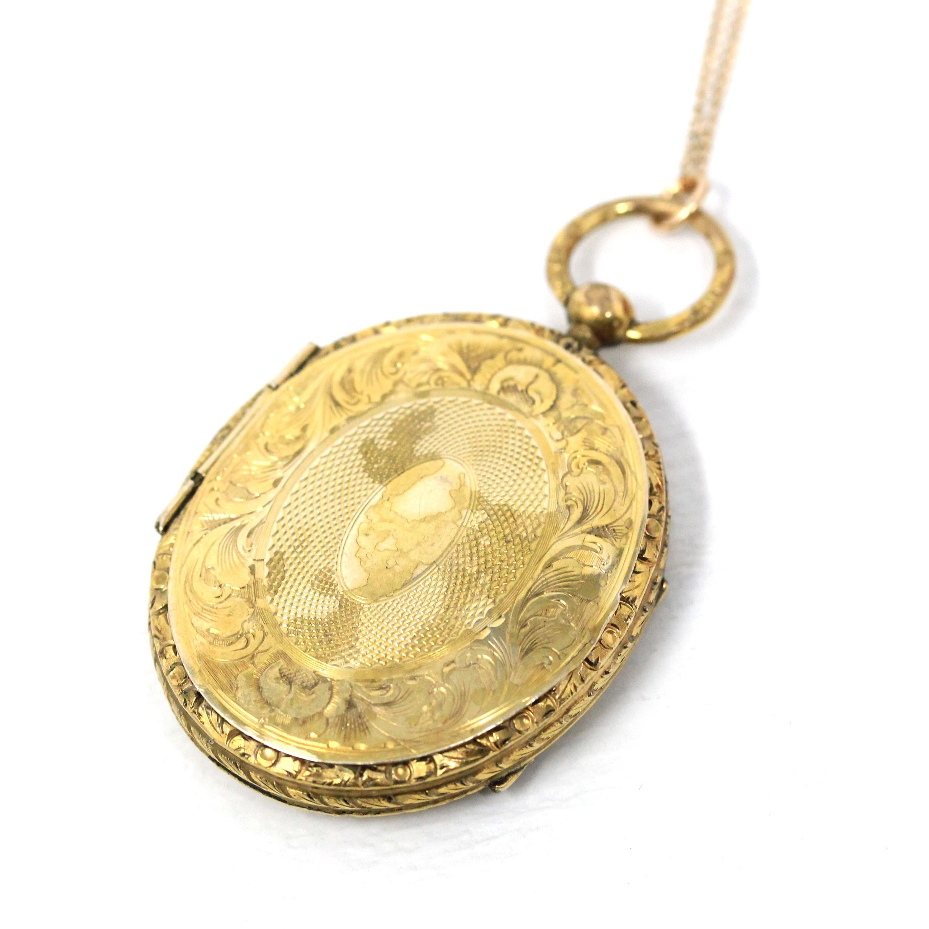 Antique Fob Locket - Victorian Gold Filled Engraved Designs Oval Pendant Necklace - Circa 1890s Era Keepsake Photograph Compartment Jewelry