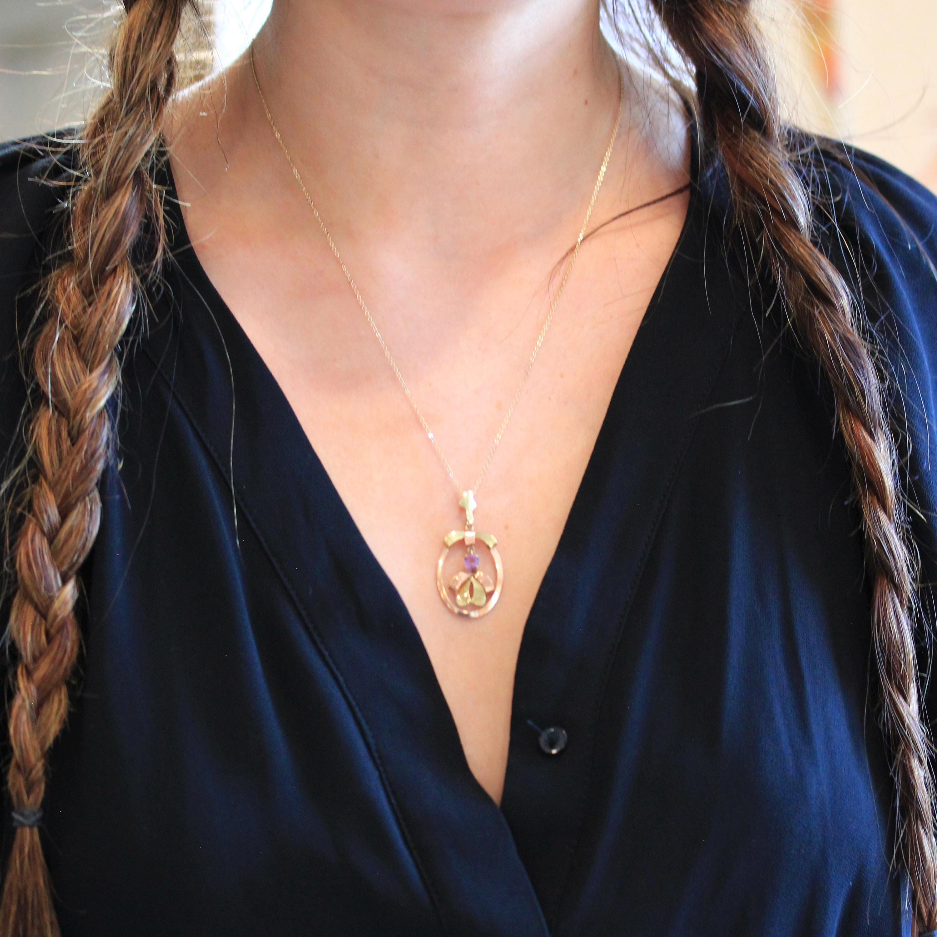 Vintage Amethyst Pendant - Mid Century 10k Yellow & Rose Gold Purple Gem Lavalier Necklace - Circa 1940s Fine February Birthstone Jewelry