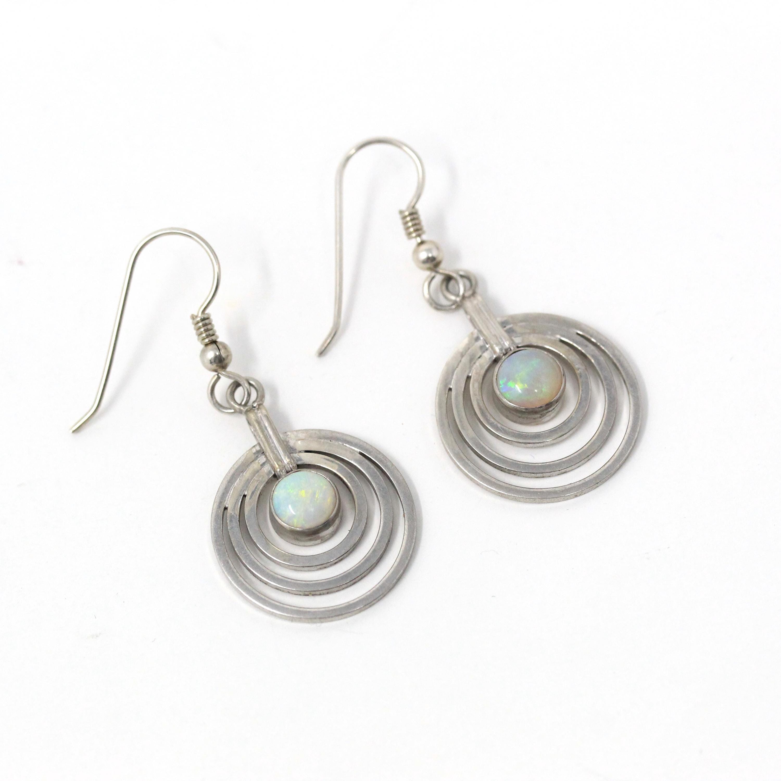 Modern Opal Earrings - Estate Sterling Silver Open Metal Design Dangling Earrings - Circa 2000s Era Shepherds Hook Y2k Fashion Accessory