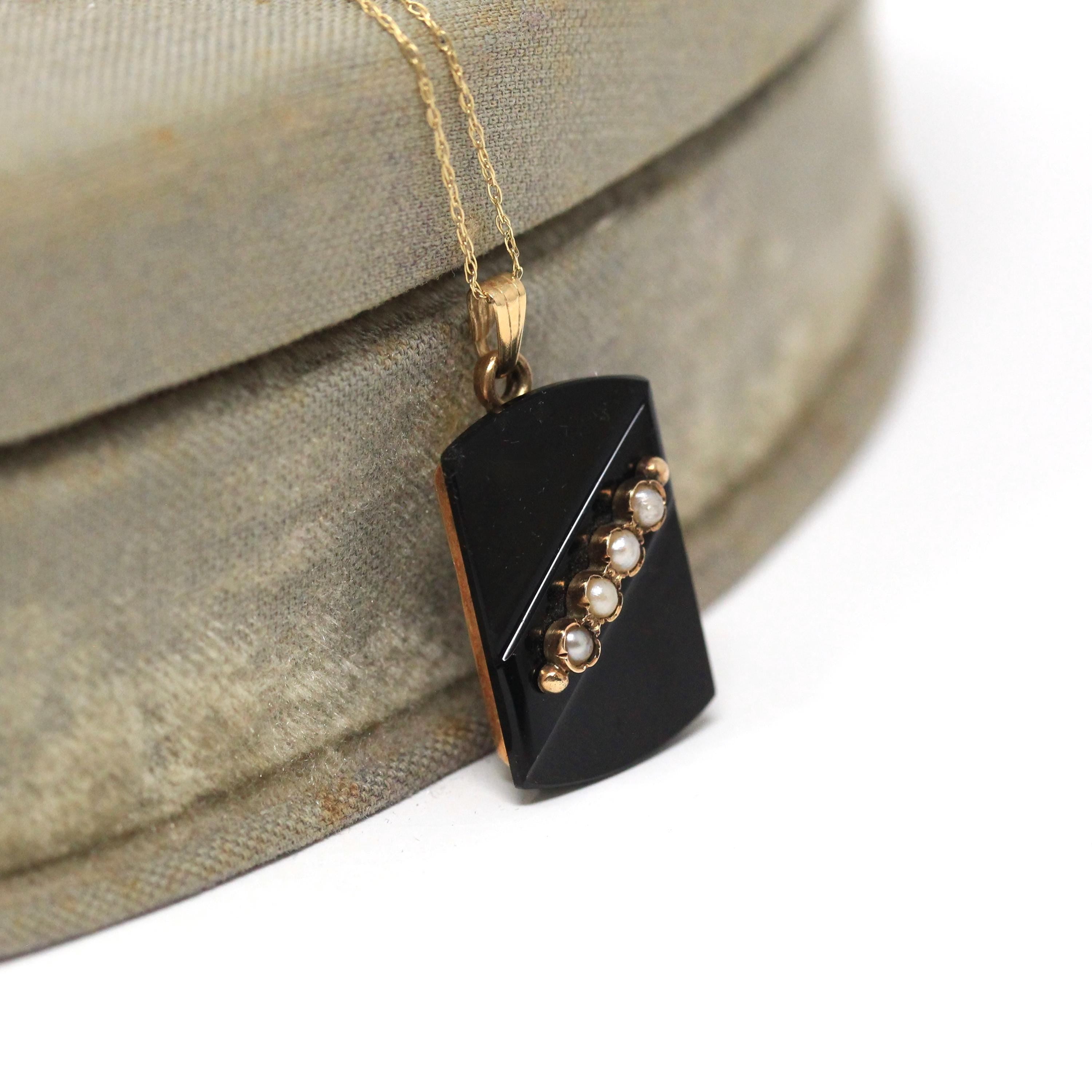 Vintage Onyx Pendant - Antique 10k Yellow Gold Black Chalcedony Seed Pearl Necklace - Vintage Circa 1890s Era Gem Statement Fine Jewelry
