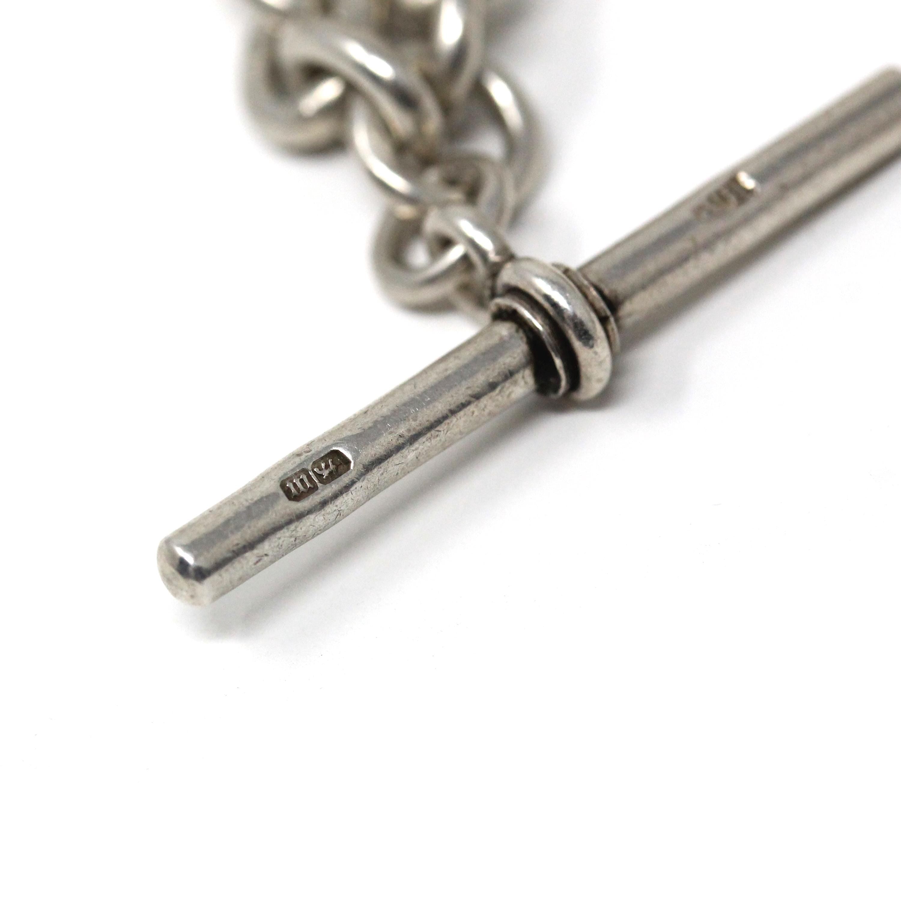 Pocket Watch Chain - Art Deco Era Sterling Silver English Hallmarked Elongated Links T Bar - Antique Vintage Dated 1927 Fine Unisex Jewelry