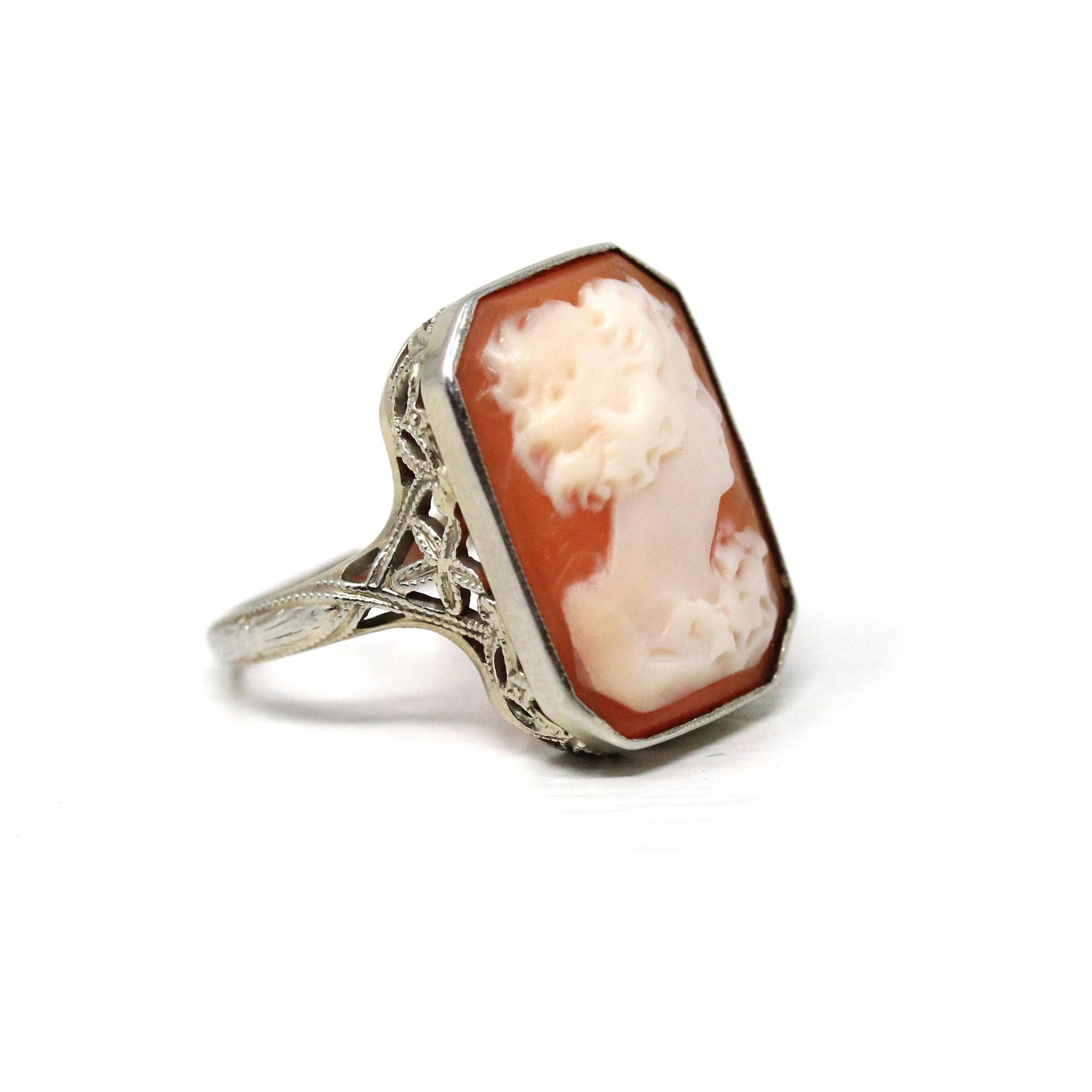Art Deco Cameo Ring - Vintage 18k White Gold Filigree Statement Ring - Circa 1930s Era Size 5.75 Rectangular Carved Pink Shell Fine Jewelry