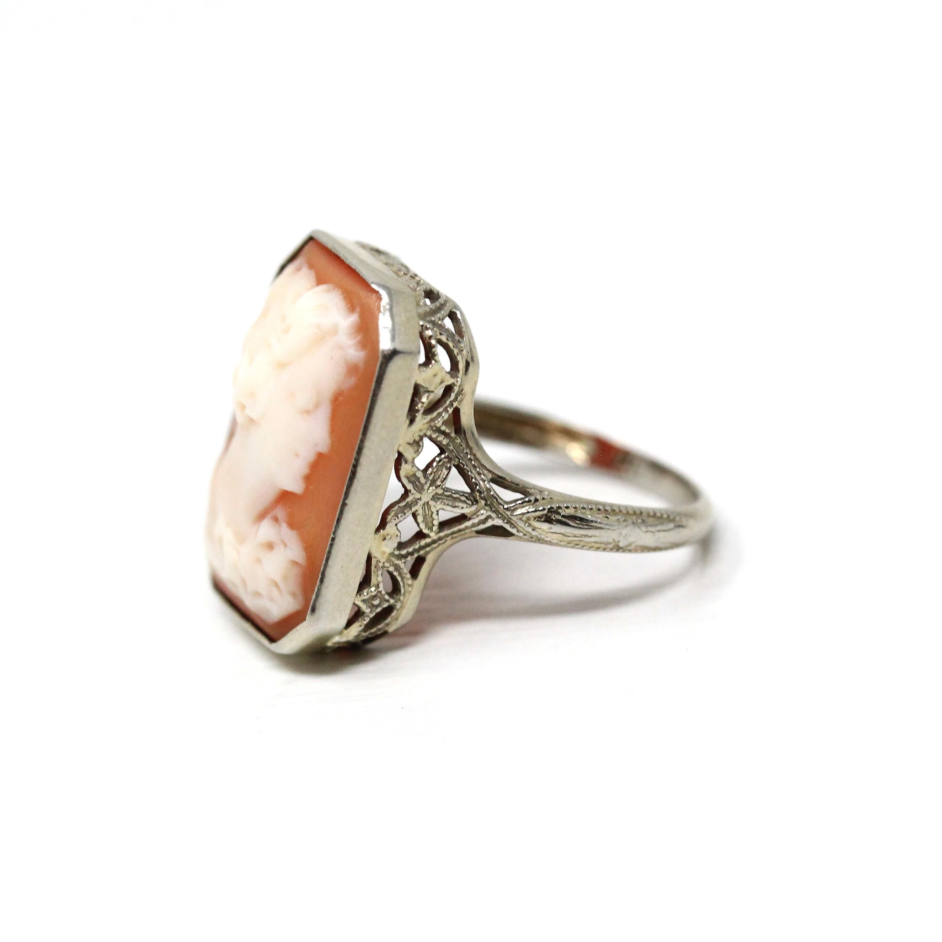 Art Deco Cameo Ring - Vintage 18k White Gold Filigree Statement Ring - Circa 1930s Era Size 5.75 Rectangular Carved Pink Shell Fine Jewelry
