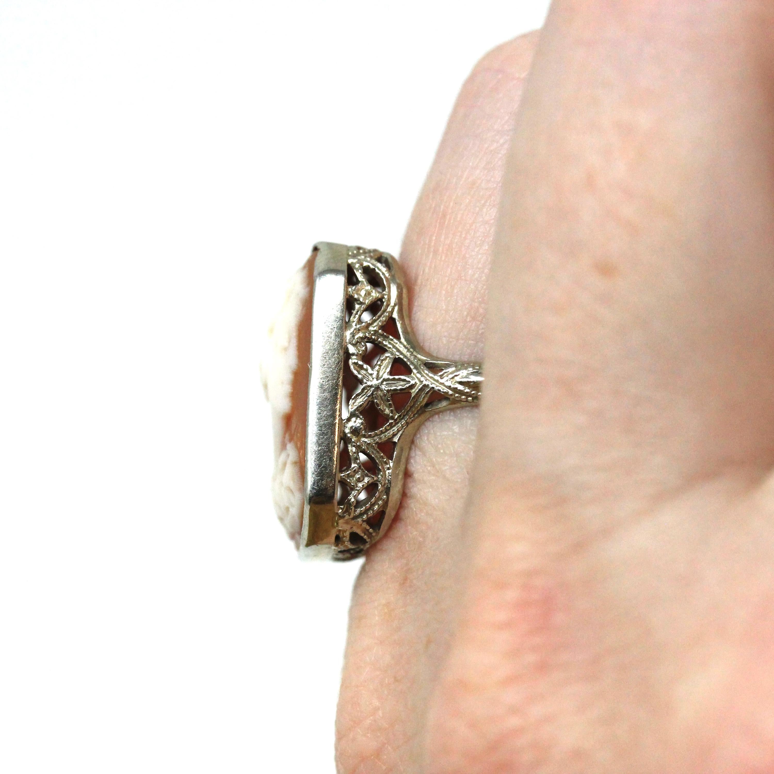 Art Deco Cameo Ring - Vintage 18k White Gold Filigree Statement Ring - Circa 1930s Era Size 5.75 Rectangular Carved Pink Shell Fine Jewelry