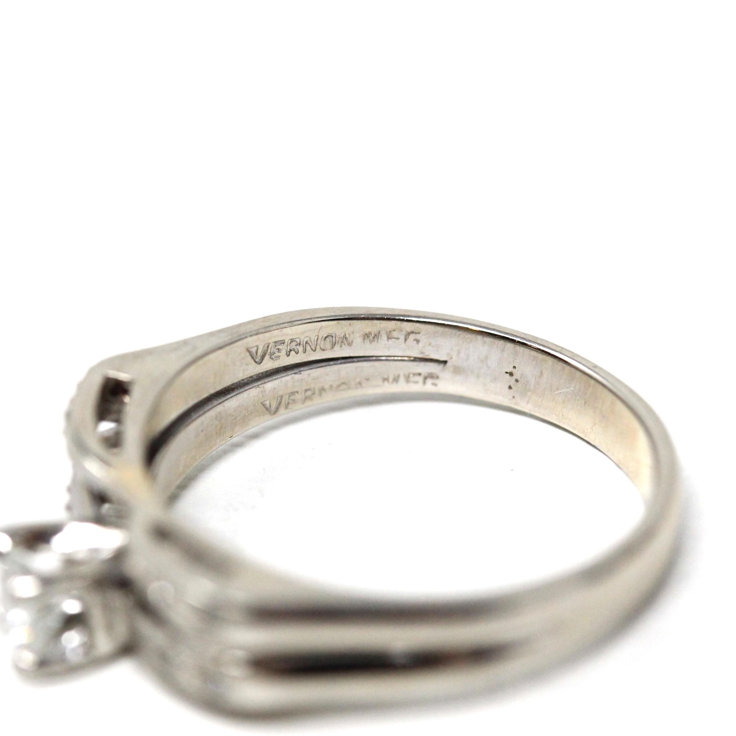 Vintage Wedding Ring Set - Mid Century 14k White Gold Natural Diamond Bands - Circa 1950s Era Size 6 1/2 Engagement Fine Bow Bridal Jewelry