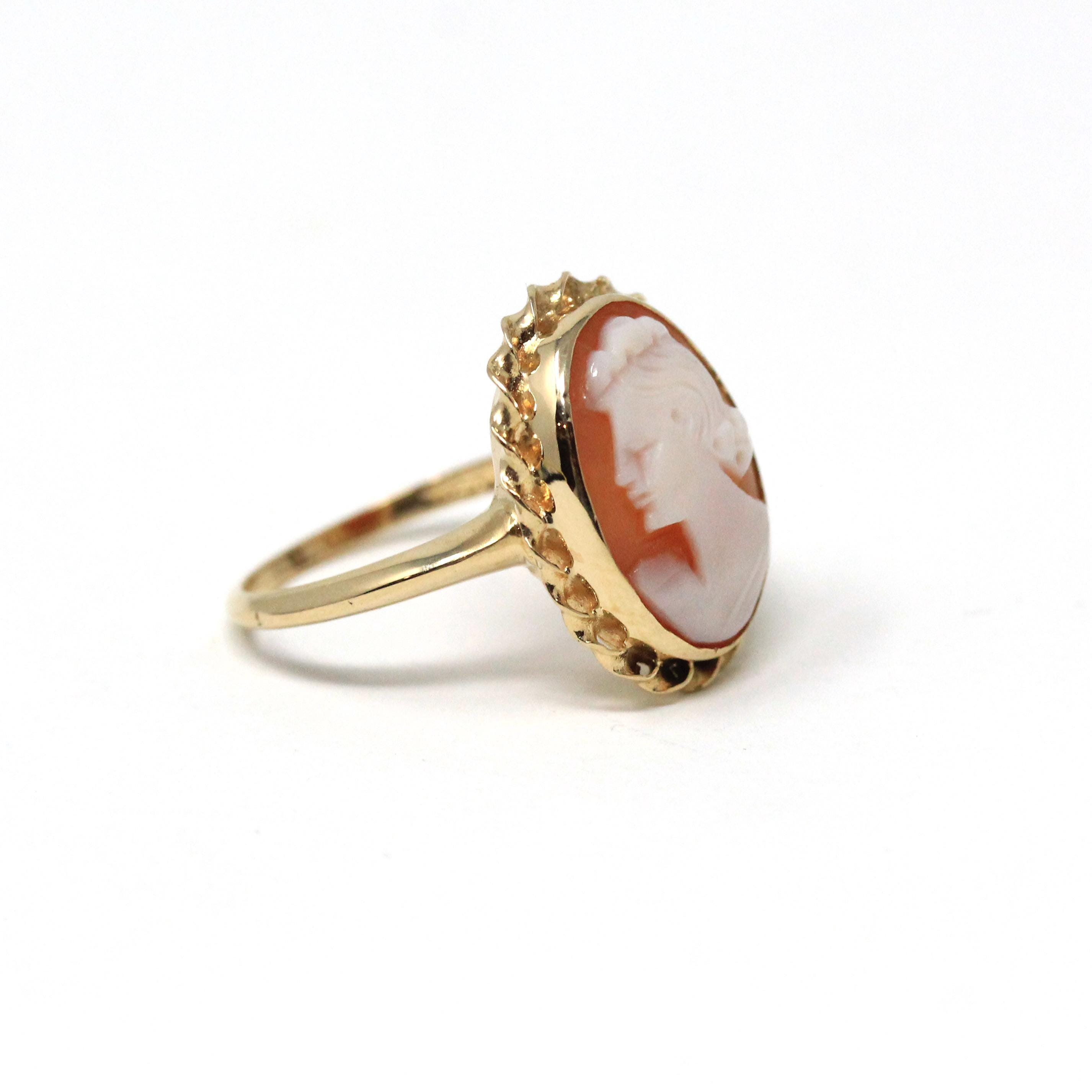 Vintage Cameo Ring - Retro 14k Yellow Gold Orange White Genuine