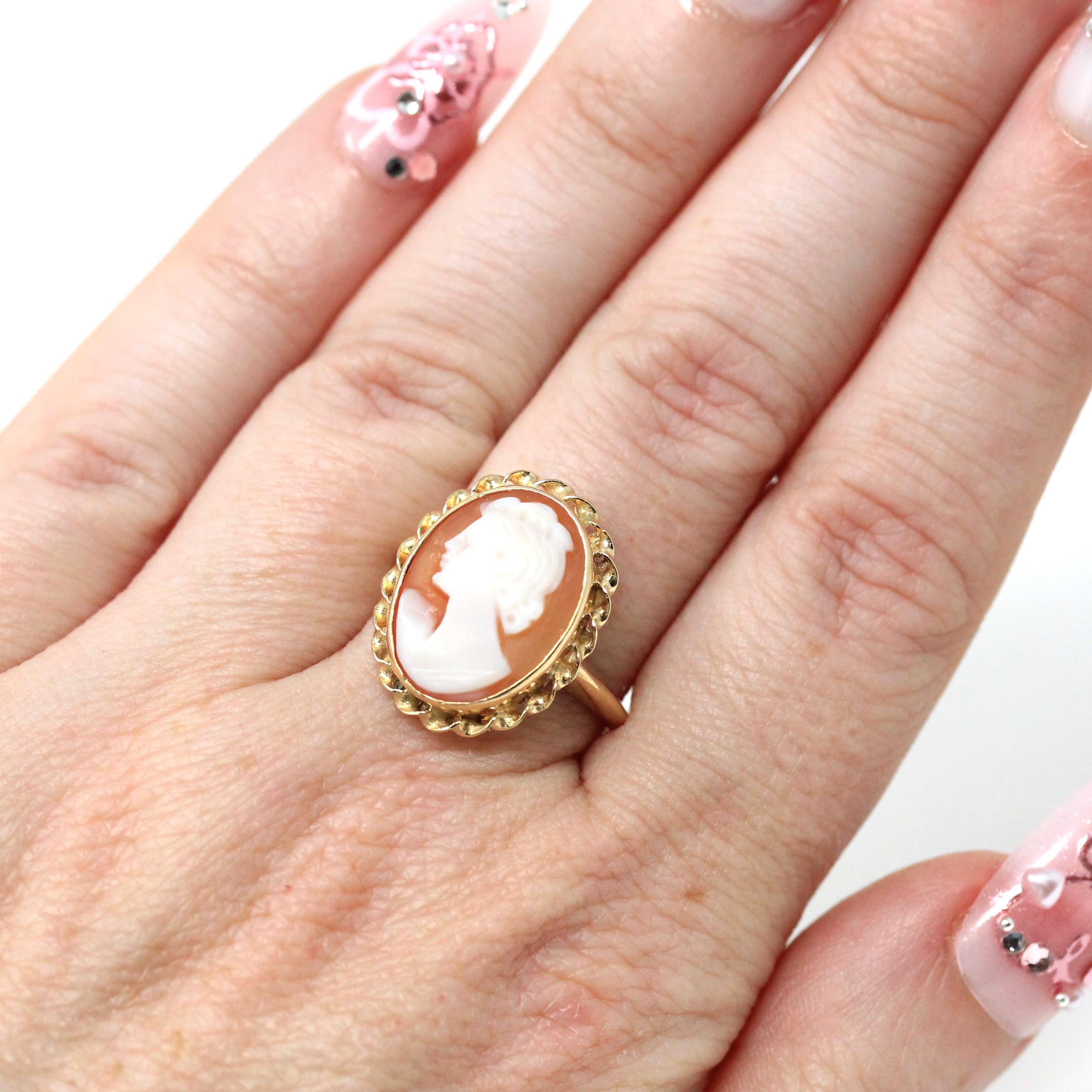Vintage Cameo Ring - Retro 14k Yellow Gold Orange White Genuine