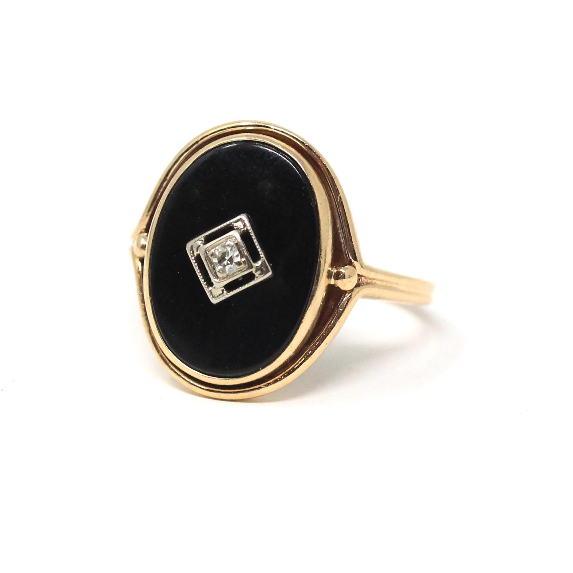 Art Deco Onyx Ring - Vintage 14k Yellow Gold Oval Black Chalcedony & Natural Diamond - Circa 1930s Era Size 7 3/4 Fine Statement Jewelry