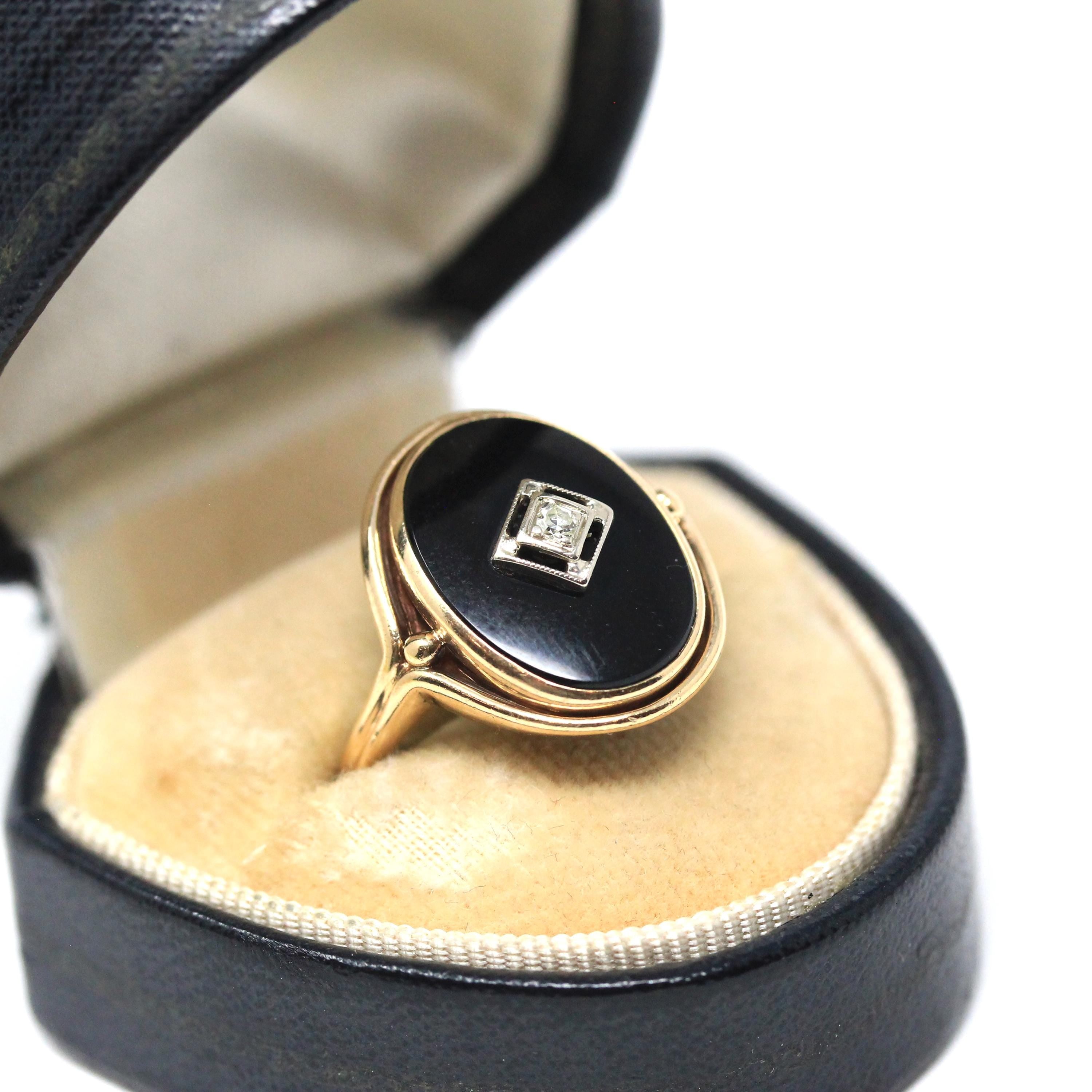 Art Deco Onyx Ring - Vintage 14k Yellow Gold Oval Black Chalcedony & Natural Diamond - Circa 1930s Era Size 7 3/4 Fine Statement Jewelry