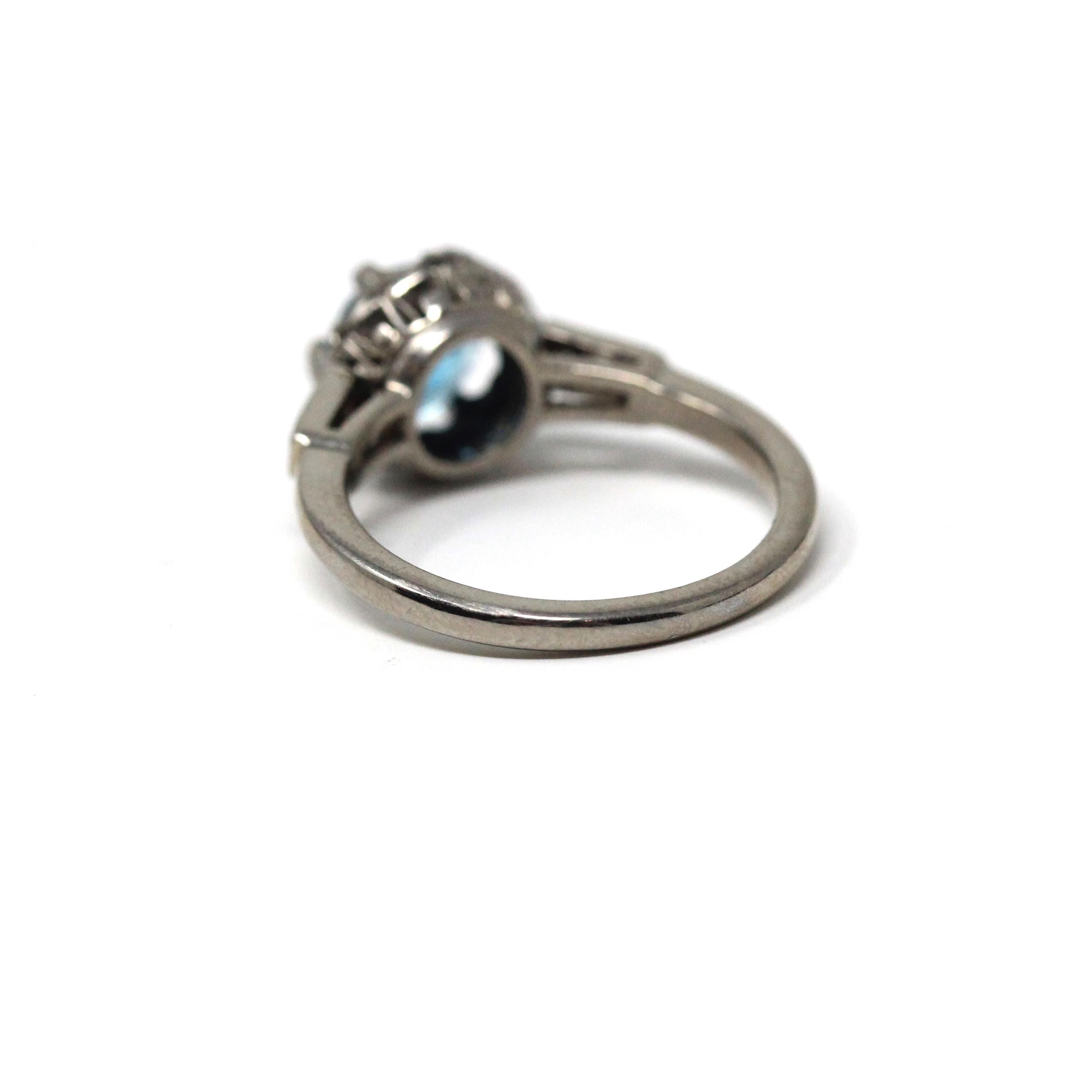 Mid Century Zircon Ring - Vintage 18k White Gold Natural Blue Gemstone Diamonds - Circa 1950s Size 5 Fine December Birthstone Bridal Jewelry