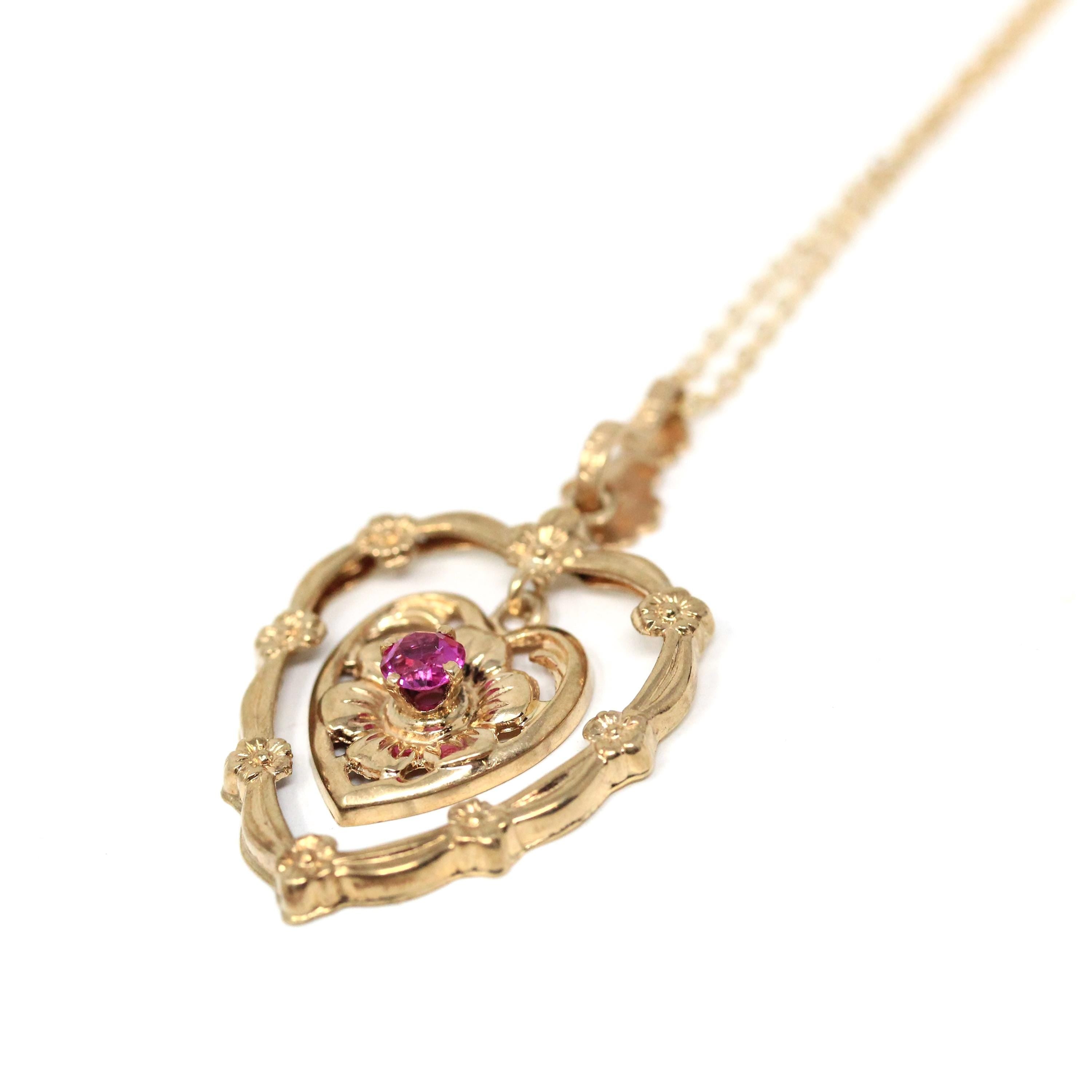 Vintage Heart Necklace - Mid Century 10k Yellow Gold Created Ruby Gemstone Lavalier Pendant - Circa 1940s Flower Floral Esemco Fine Jewelry