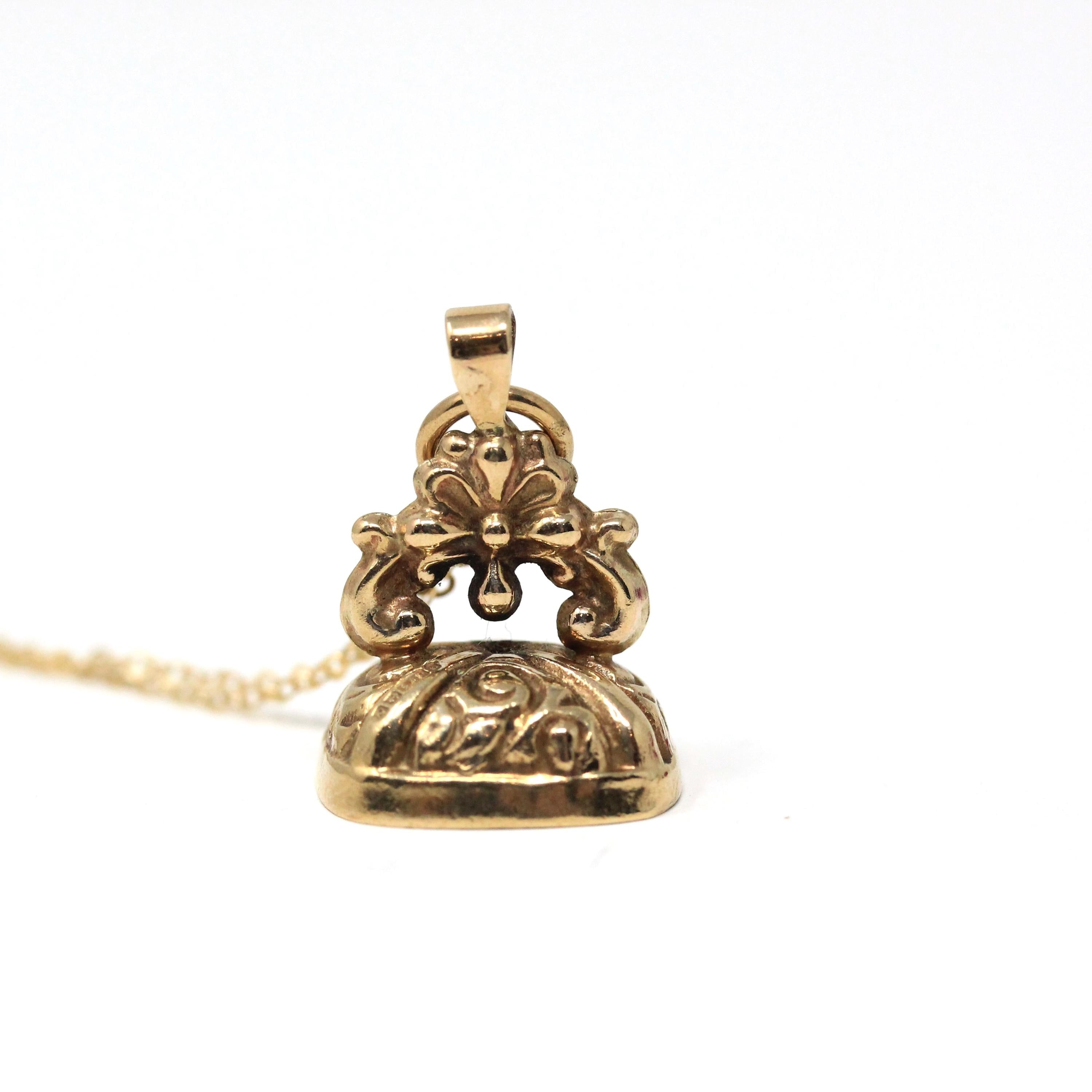 Vintage Fob Necklace - Hallmarked 1962 9k Yellow Gold Engraved Stamp Charm - Retro Era Victorian Revival Watch Accessory Fine Unisex Jewelry