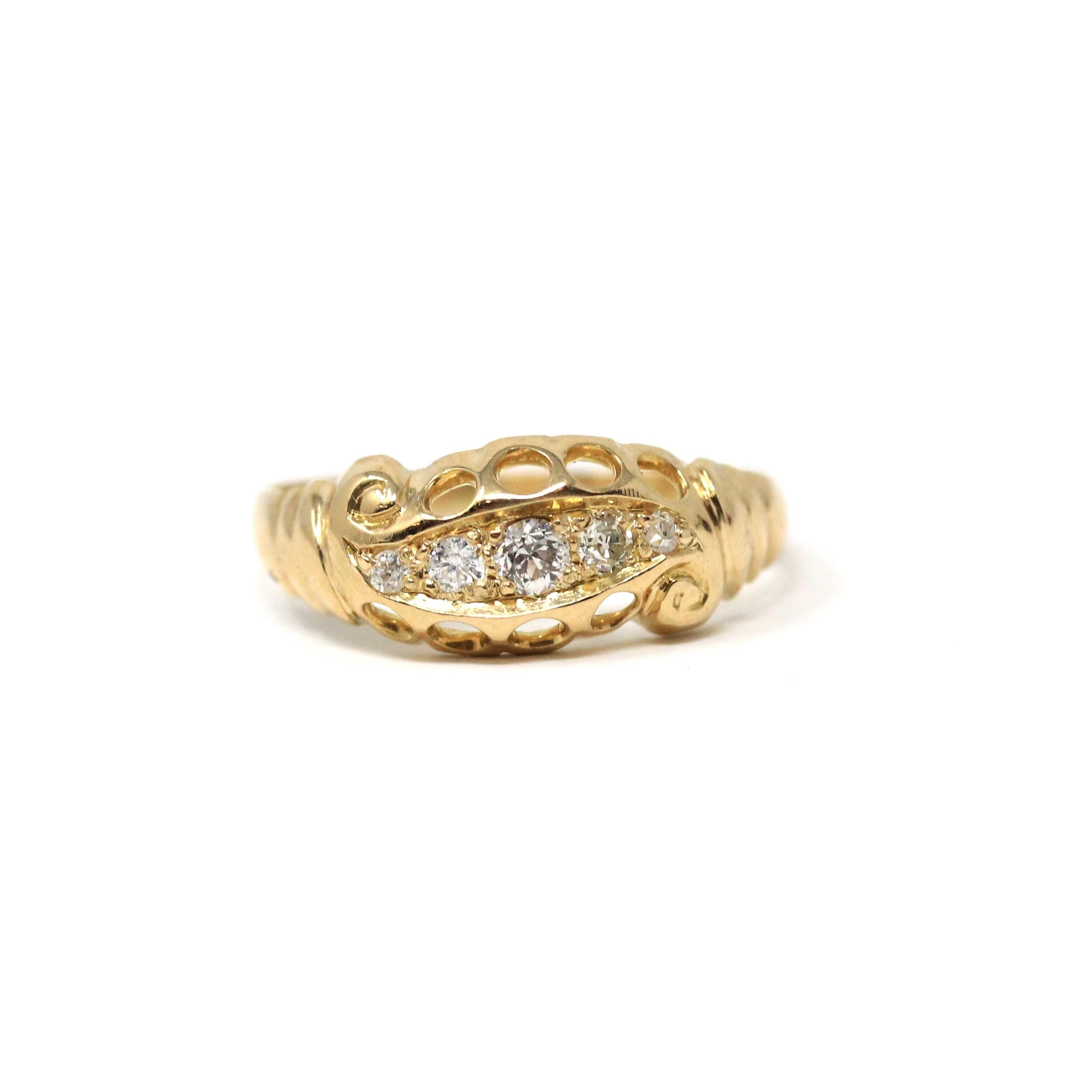 Antique Diamond Band - Edwardian 14k Yellow Gold Five Natural Gemstone Ring - Circa 1910s Era Size 6 1/2 Open Metal Fine Statement Jewelry
