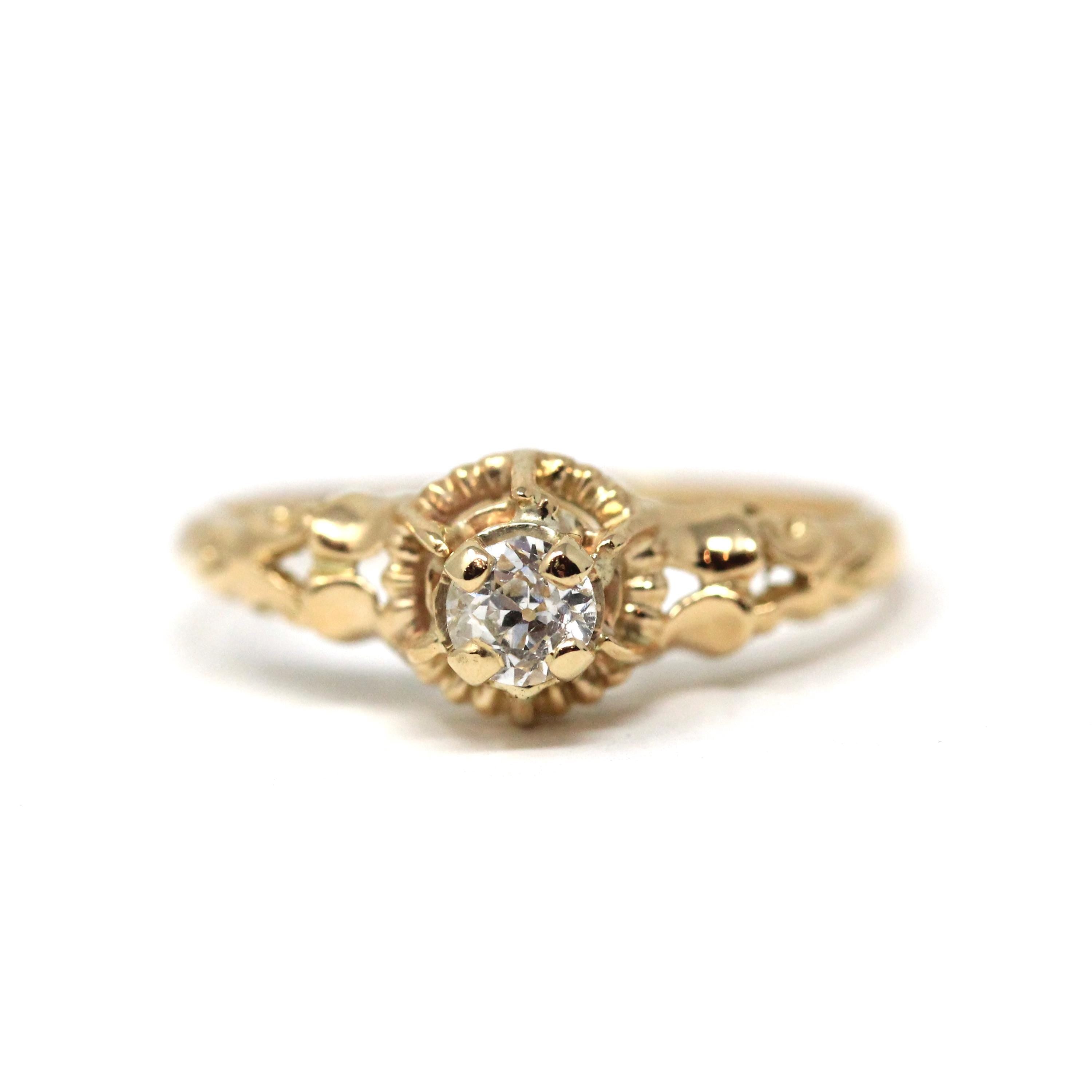 Retro Diamond Ring - Vintage 14k Yellow Gold Raised Illusion Setting .20 CT Gemstone - Circa 1960s Era Size 6 3/4 Fine Engagement Jewelry
