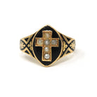 Victorian Cross Ring - Antique 18k Yellow Gold Seed Pearl Black Enamel Symbolic Statement - Vintage Circa 1880 Size 6 1/4 Fine Jewelry