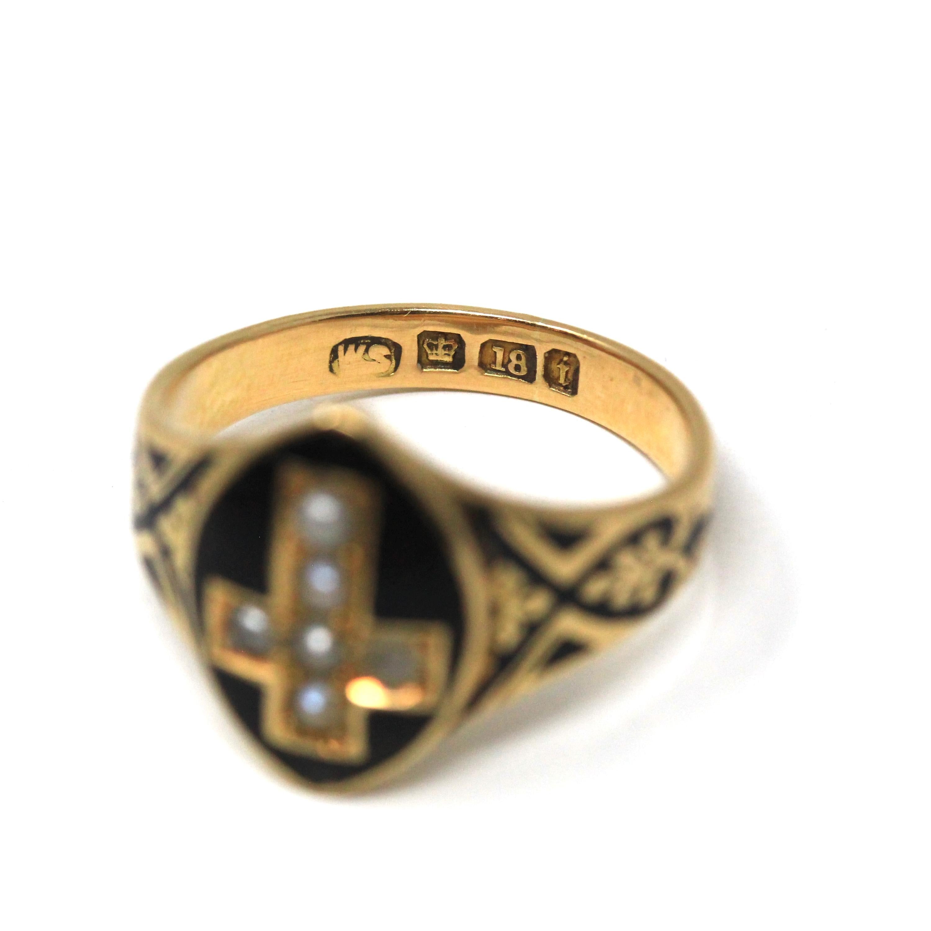 Victorian Cross Ring - Antique 18k Yellow Gold Seed Pearl Black Enamel Symbolic Statement - Vintage Circa 1880 Size 6 1/4 Fine Jewelry