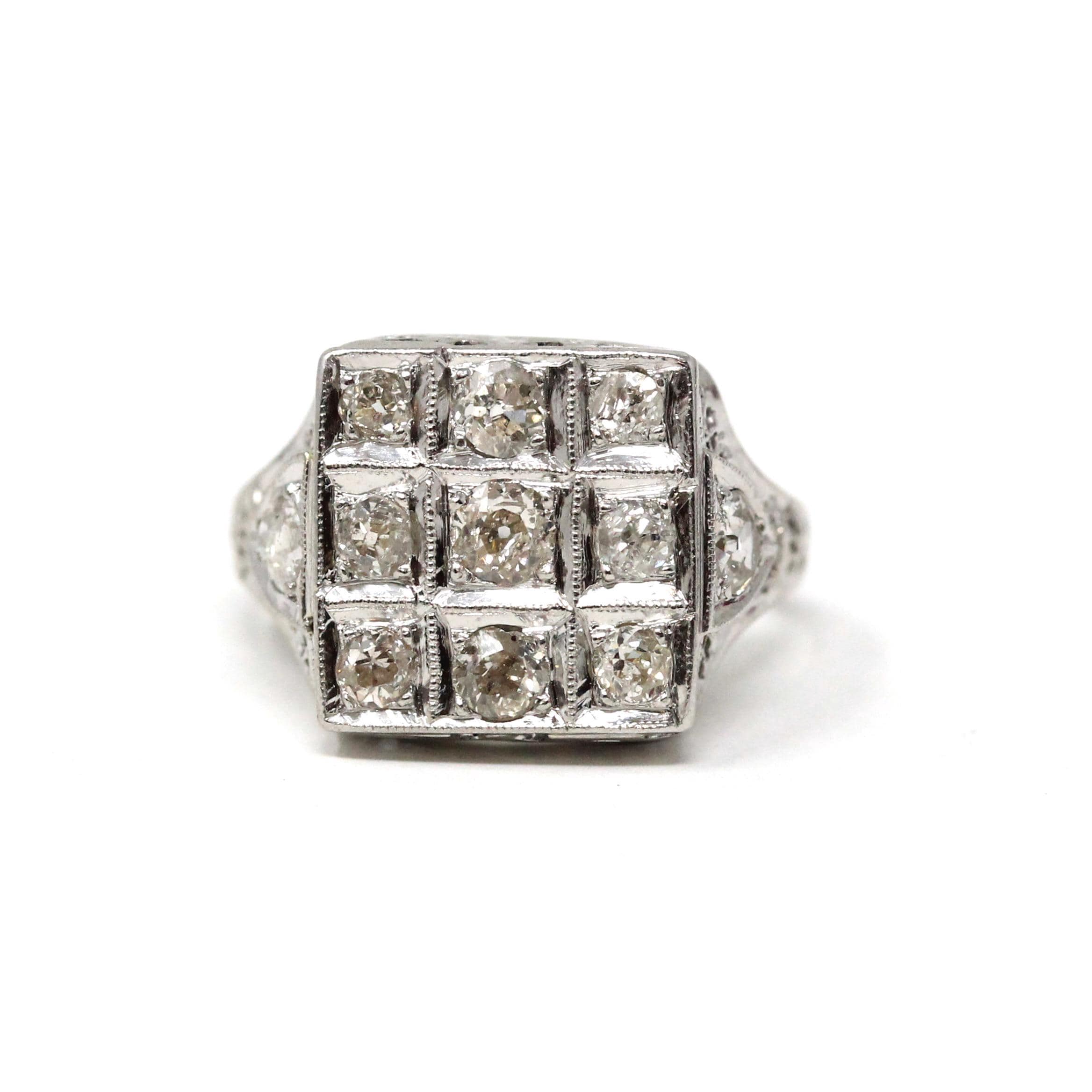 Art Deco Diamond Ring - Antique 10k White Gold Natural Old Cut Square Checkerboard Cluster - Vintage 1920s Size 6 1/4 Filigree Fine Jewelry