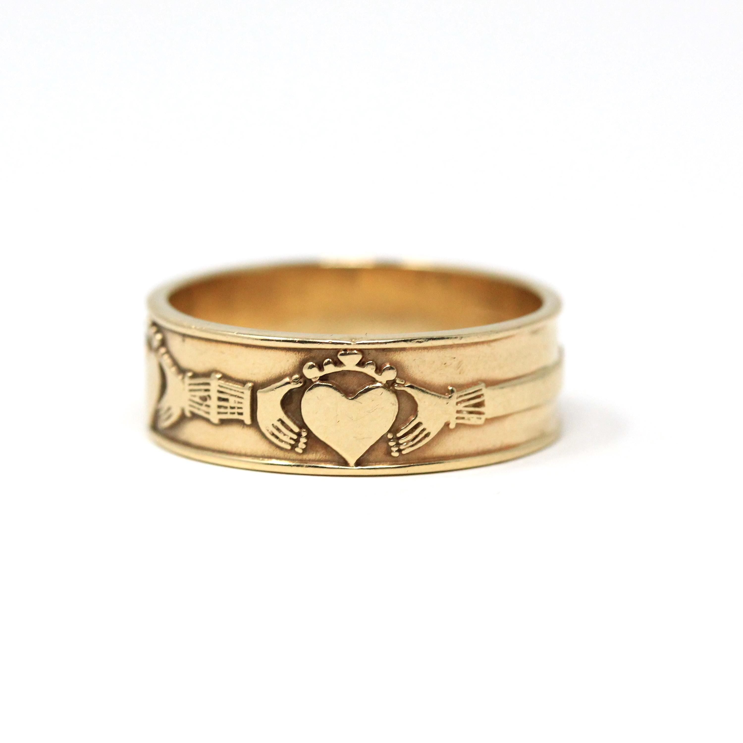 Claddagh Cigar Band - Modern 10k Yellow Gold Heart Clasped Hand Crown - Estate Size 10 Men's Unisex Friendship Love Loyalty Irish Jewelry