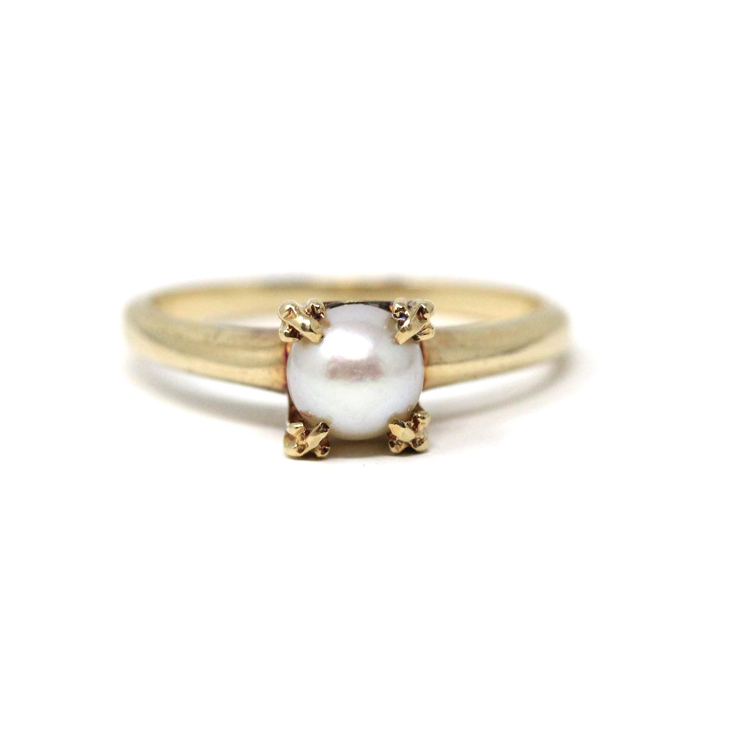 Vintage Cultured Pearl Ring - Mid Century 10k Yellow Gold Round White Gemstone Solitaire - Circa 1950s Size 6 June Birthstone Fine Jewelry
