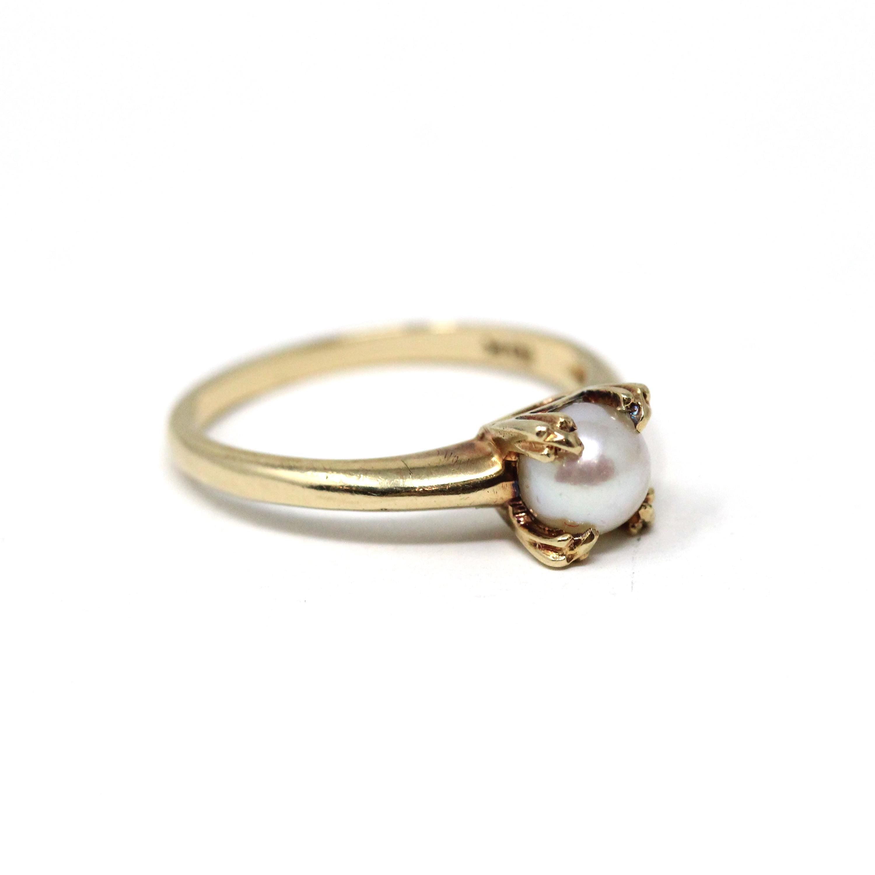 Vintage Cultured Pearl Ring - Mid Century 10k Yellow Gold Round White Gemstone Solitaire - Circa 1950s Size 6 June Birthstone Fine Jewelry