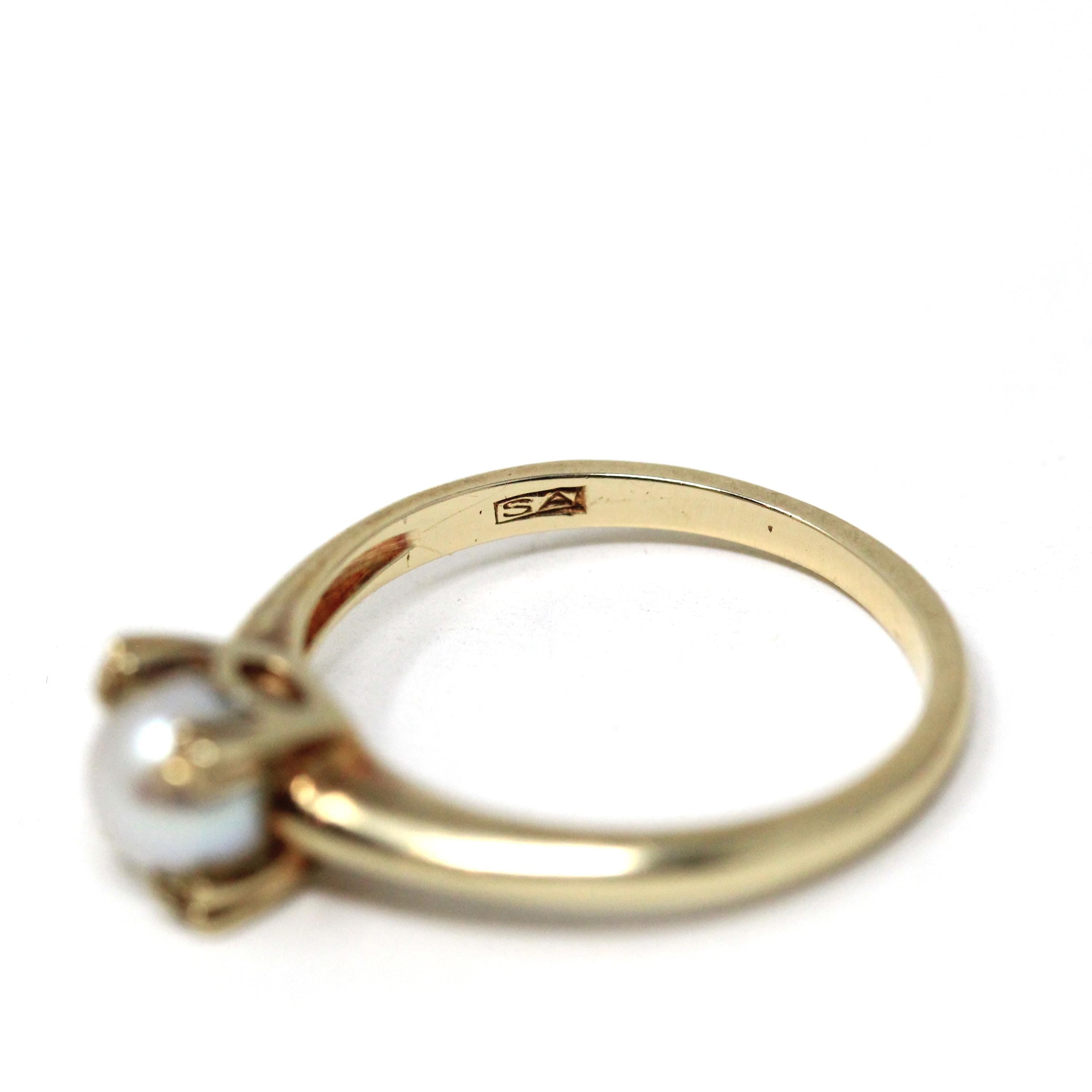 Vintage Cultured Pearl Ring - Mid Century 10k Yellow Gold Round White Gemstone Solitaire - Circa 1950s Size 6 June Birthstone Fine Jewelry