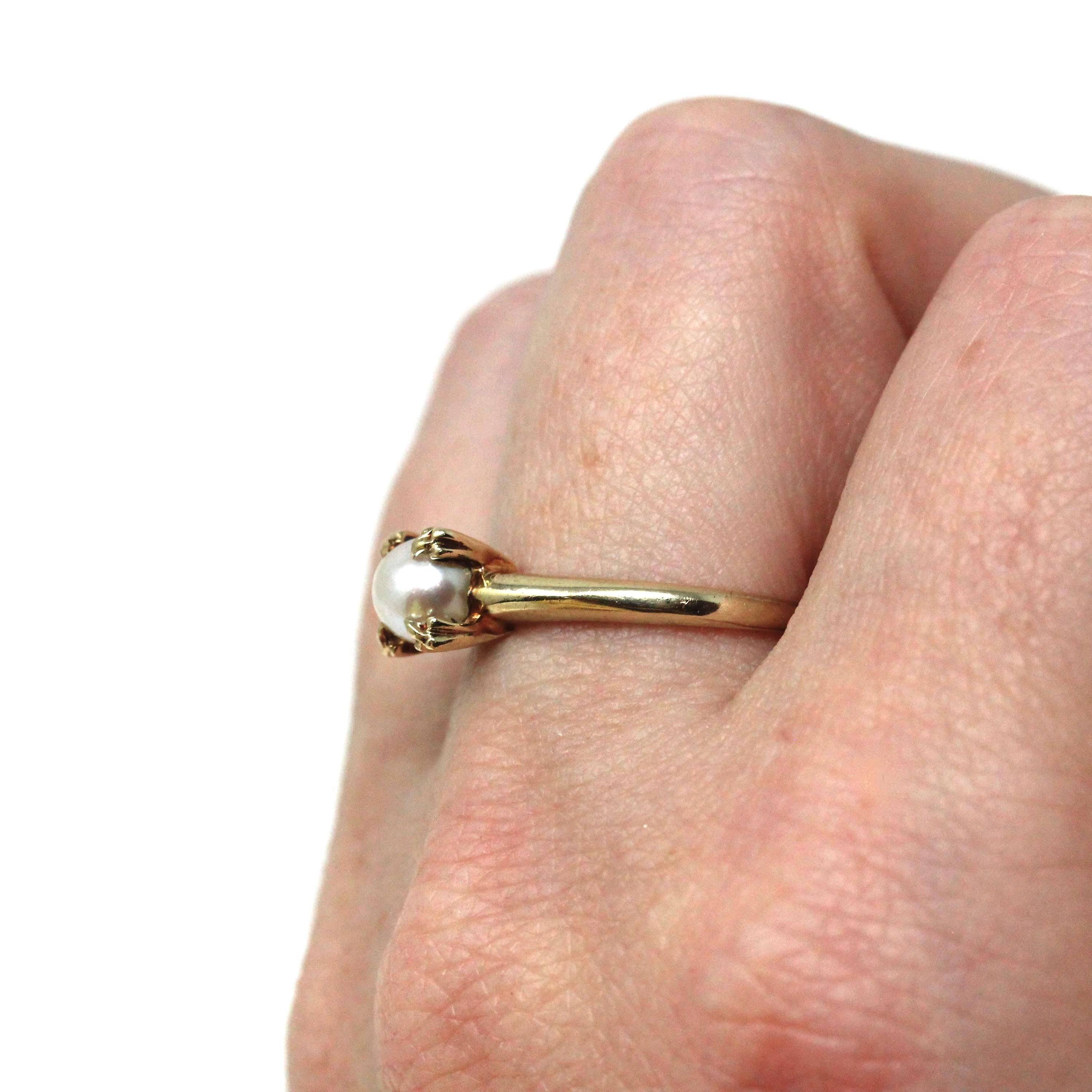 Vintage Cultured Pearl Ring - Mid Century 10k Yellow Gold Round White Gemstone Solitaire - Circa 1950s Size 6 June Birthstone Fine Jewelry