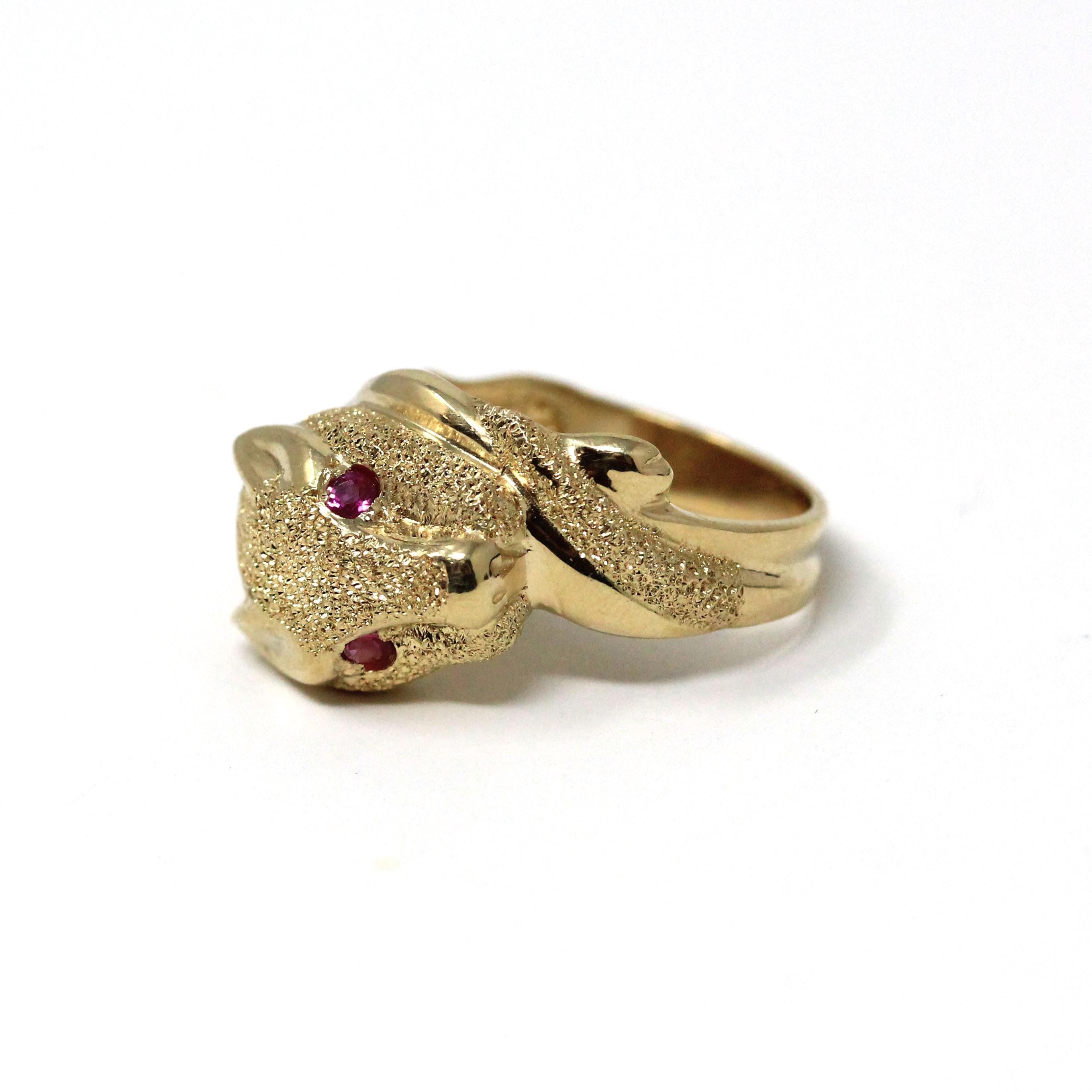 Modern Panther Ring - Estate 14k Yellow Gold Jaguar Leopard Large Cat Band - Vintage 1980s Size 6 3/4 Statement Figural Lioness Fine Jewelry