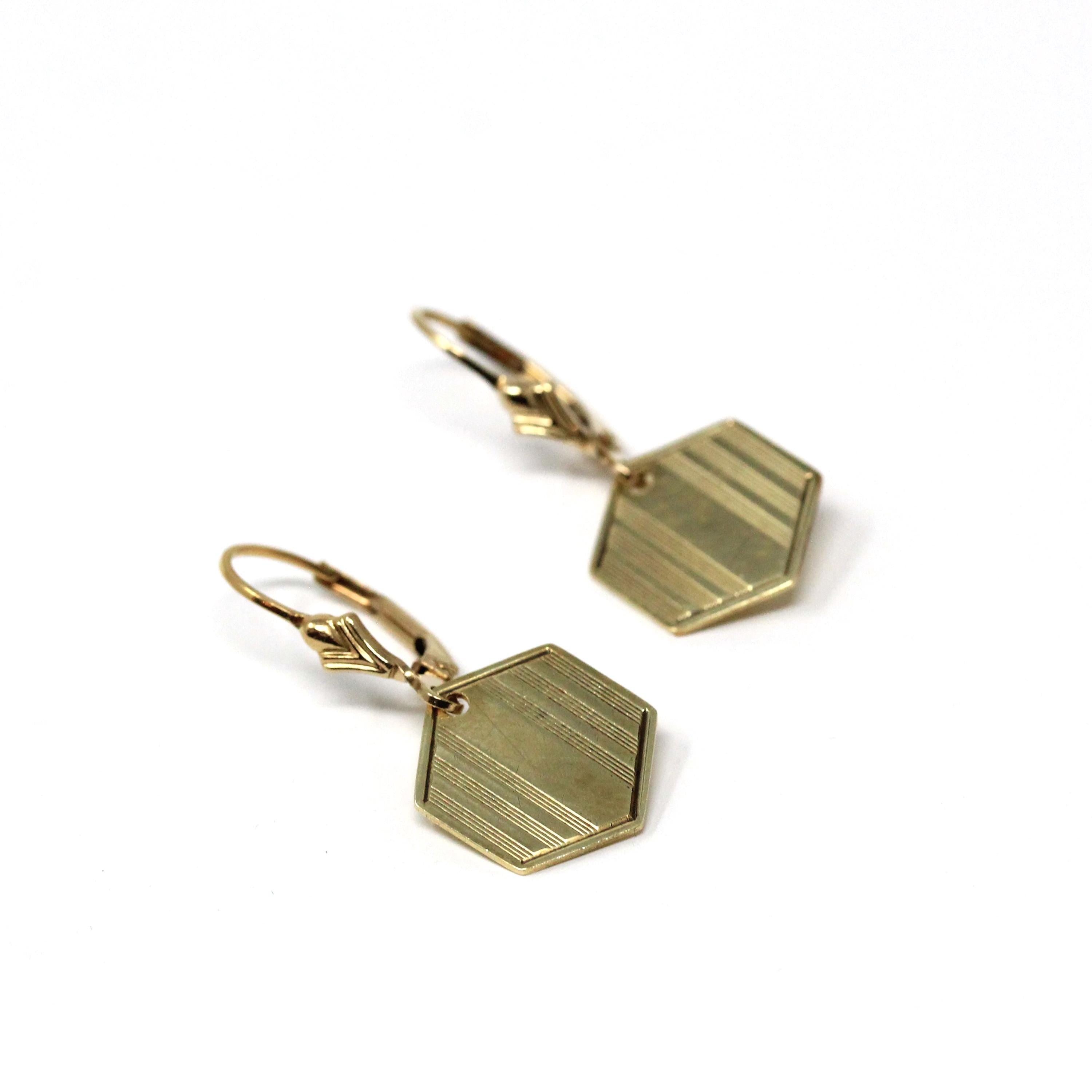 Antique Hexagon Earrings - Edwardian 14k Yellow Gold Dangle Drop Wire Leverback - Vintage 1910s Cufflink Conversion Geometric Fine Jewelry