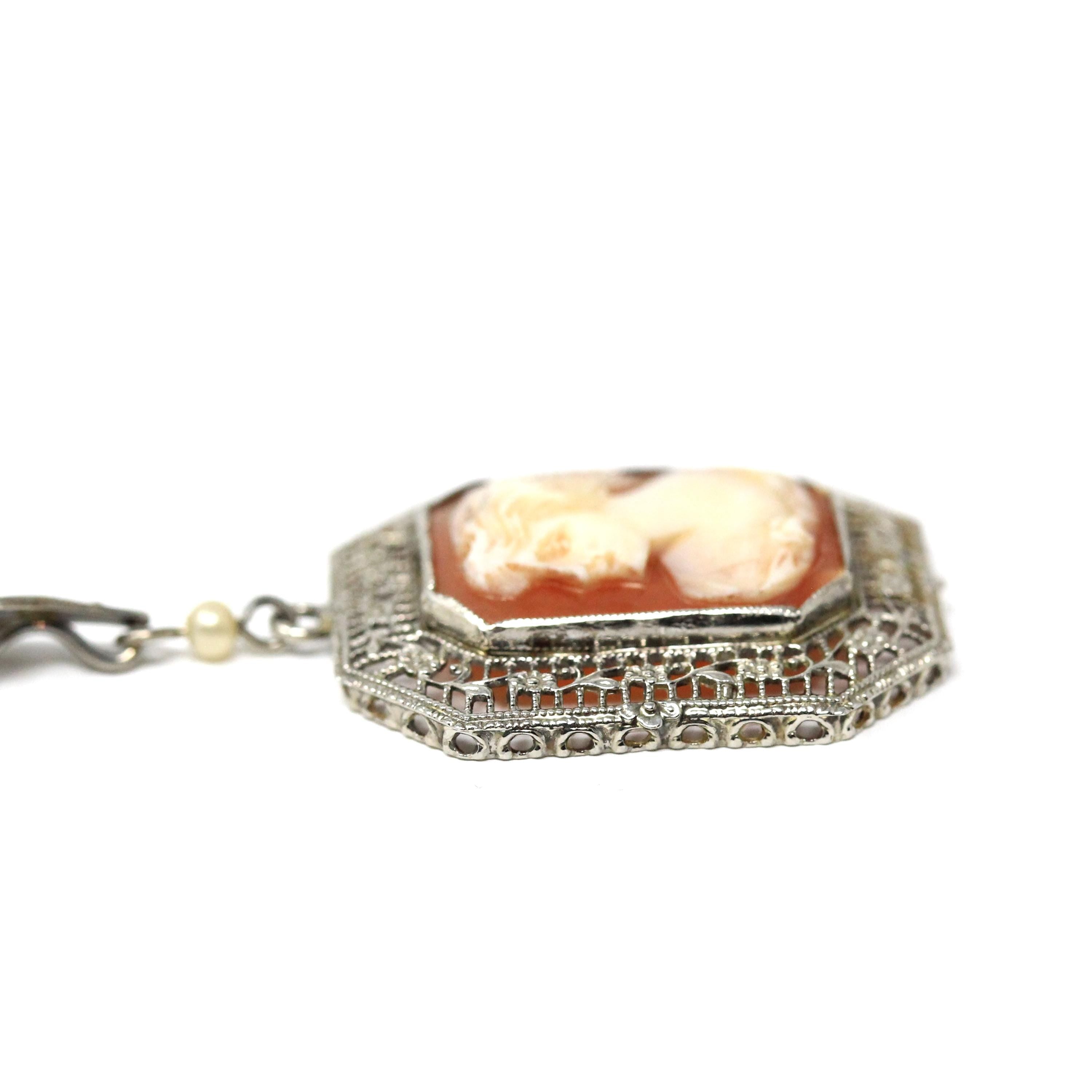 Vintage Cameo Necklace - Art Deco Era 10k White Gold Carved Shell Square Pendant Lavalier - Circa 1930s Filigree 14k Chain Fine 30s Jewelry