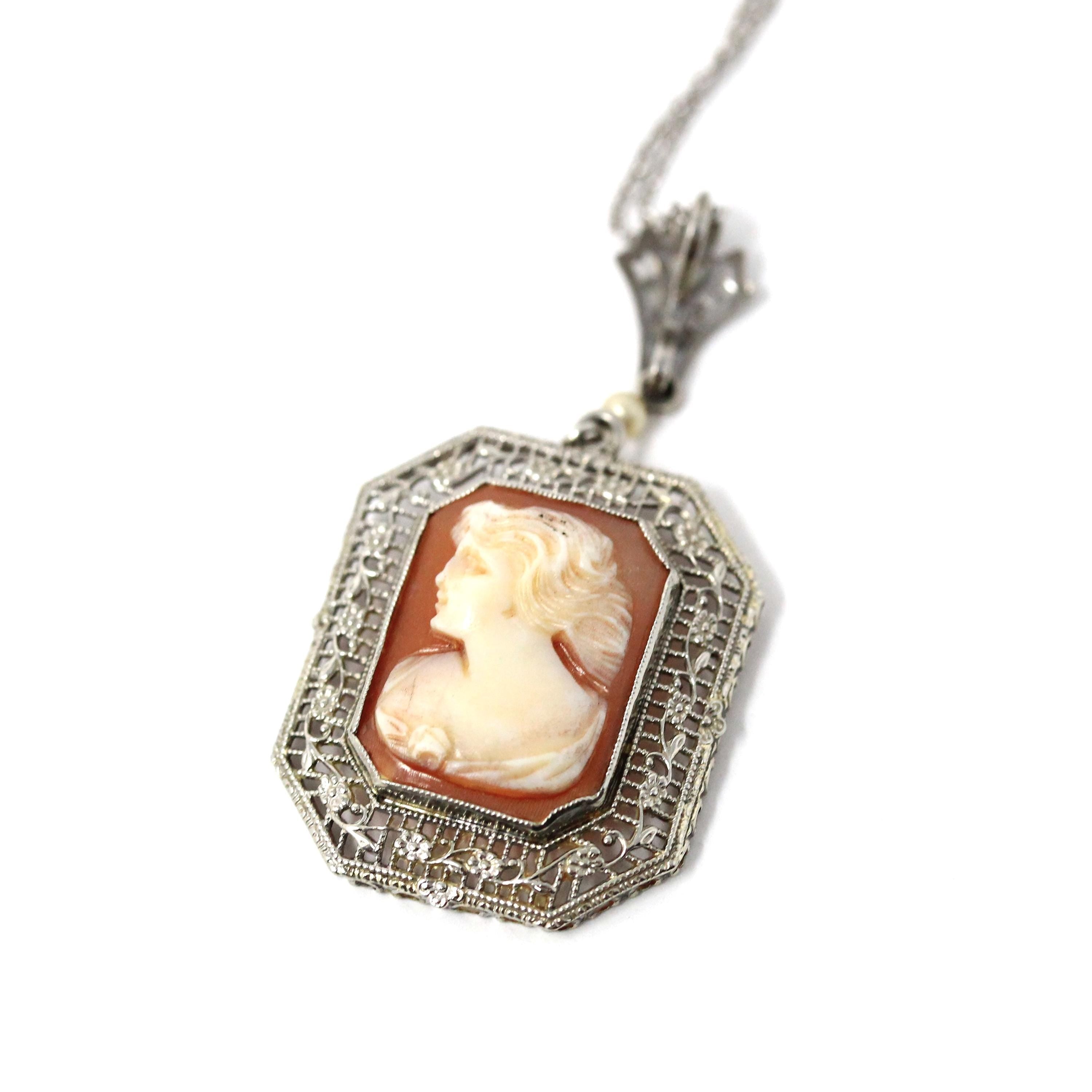 Vintage Cameo Necklace - Art Deco Era 10k White Gold Carved Shell Square Pendant Lavalier - Circa 1930s Filigree 14k Chain Fine 30s Jewelry