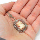 Vintage Cameo Necklace - Art Deco Era 10k White Gold Carved Shell Square Pendant Lavalier - Circa 1930s Filigree 14k Chain Fine 30s Jewelry