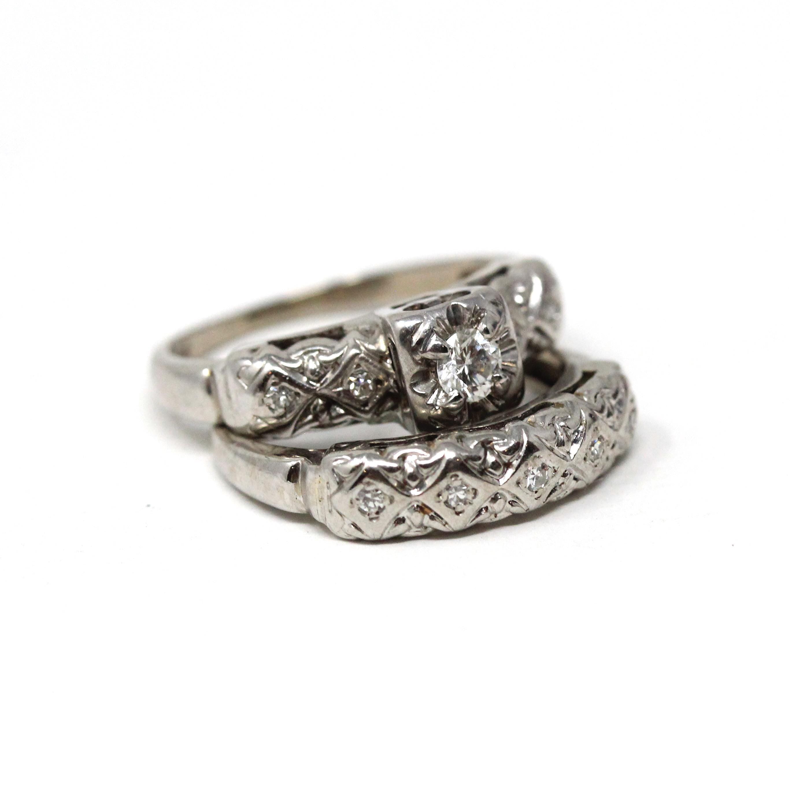 Vintage Wedding Set - Mid Century 14k White Gold Natural Diamonds Matching Engagement Ring & Band - Circa 1950s Size 5 Bridal Fine Jewelry