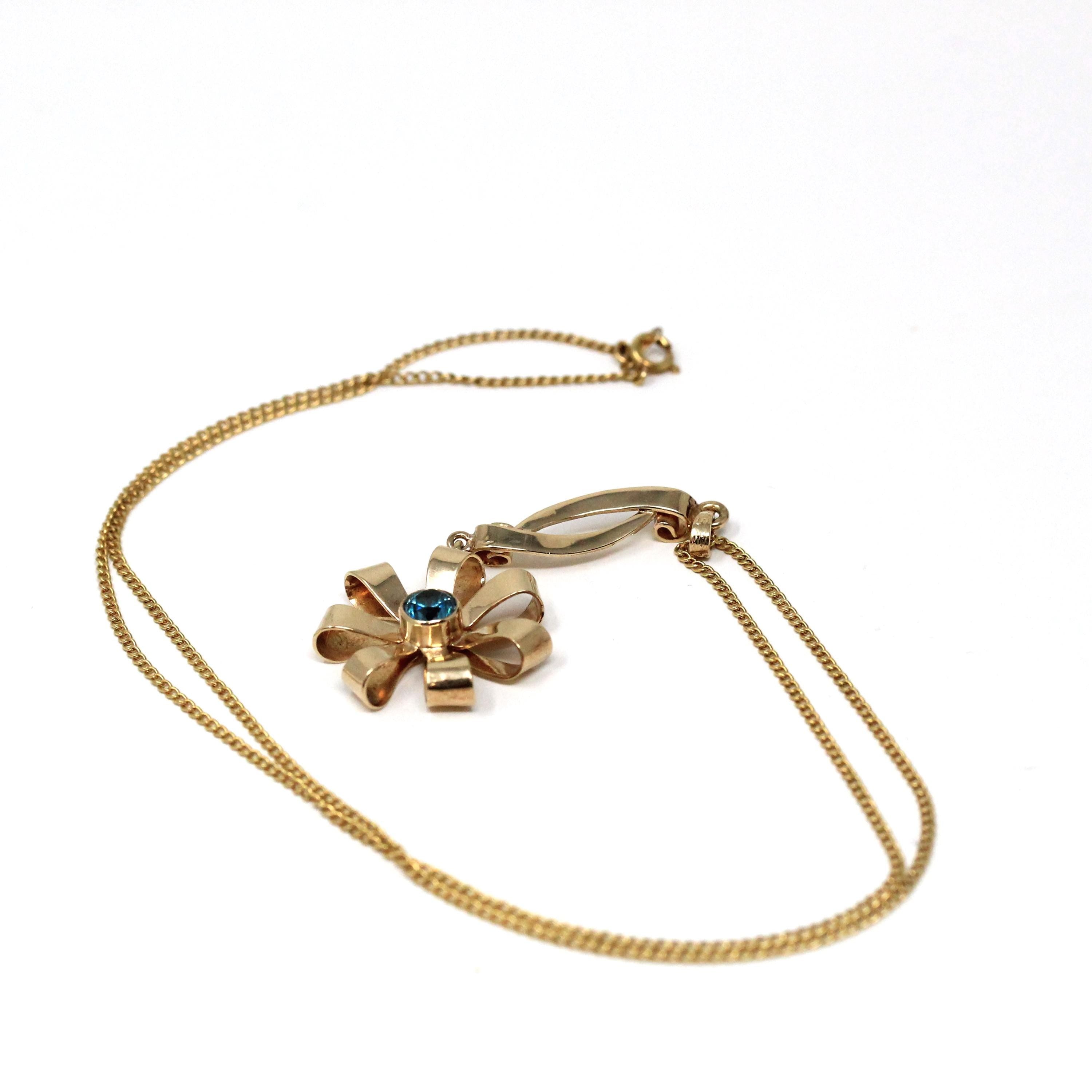 Vintage Flower Necklace - Mid Century 10k Yellow Gold Natural Blue Zircon Gemstone Pendant - Circa 1940s December Birthstone Fine Jewelry