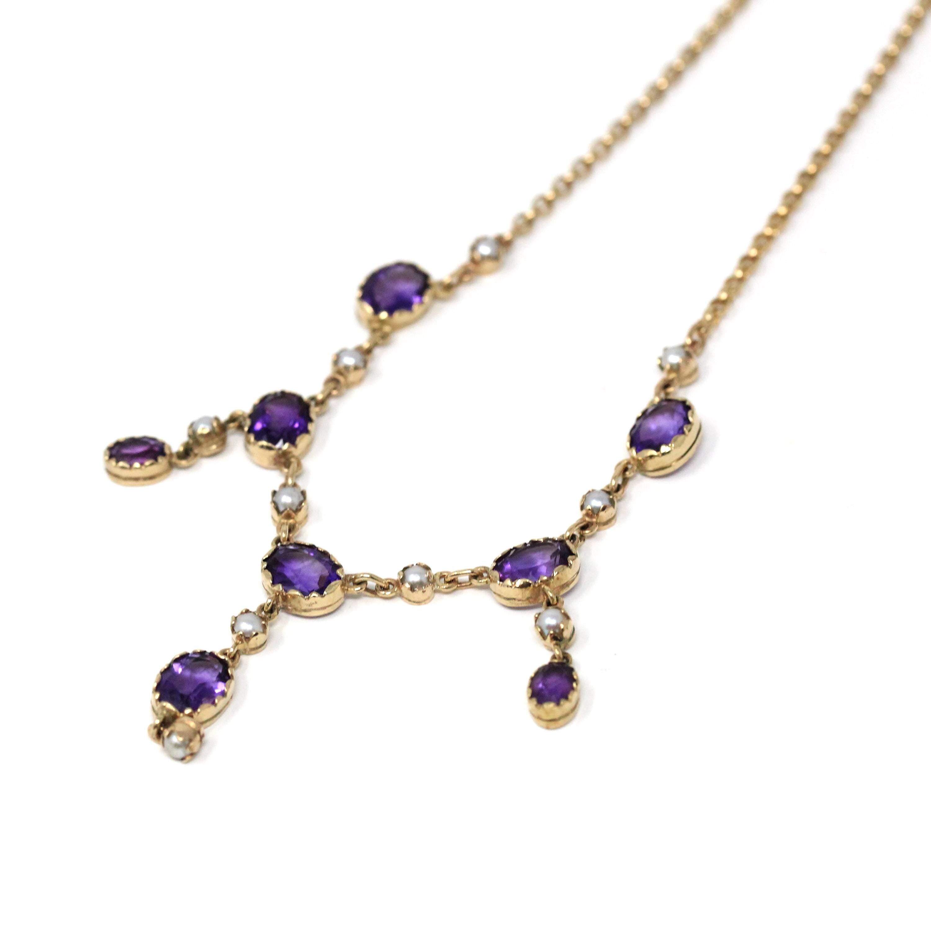 Amethyst Festoon Necklace - Modern Estate 9k Yellow Gold Natural Purple Gemstones - Circa 1990s Victorian Style Dangling Fringe Fine Jewelry