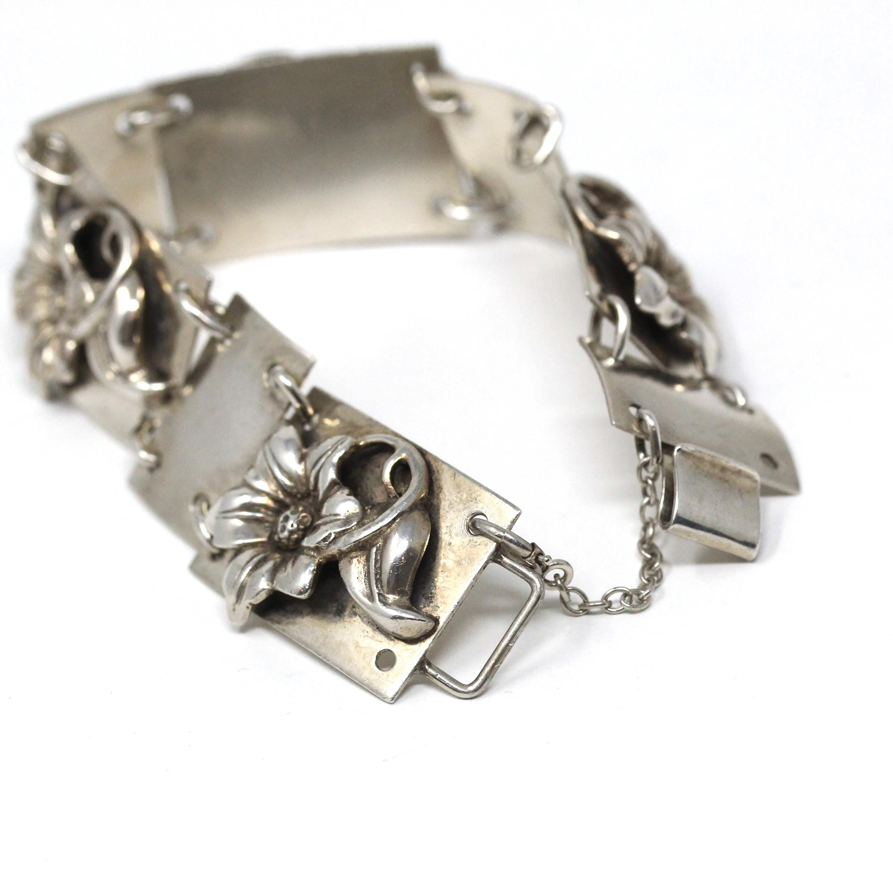 Vintage Flower Bracelet - Mid Century Sterling Silver Floral Panel Statement - Circa 1940s Era Collectible Signed Max Rieg Patina Jewelry