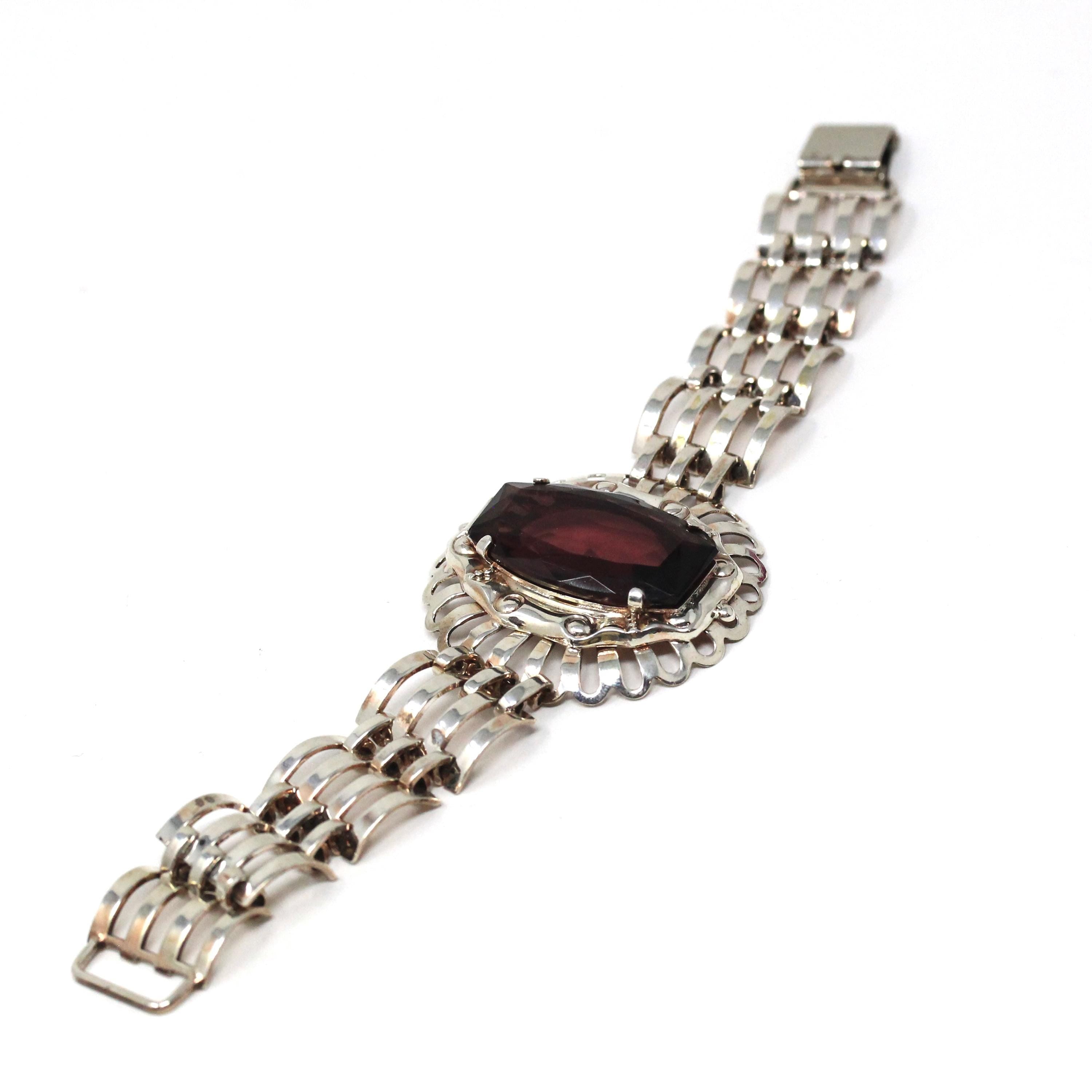 Vintage Jewelry Set - Retro Era Sterling Silver Interlocking Open Metal Purple Glass Choker and Bracelet Links - Circa 1970s Fashion Jewelry