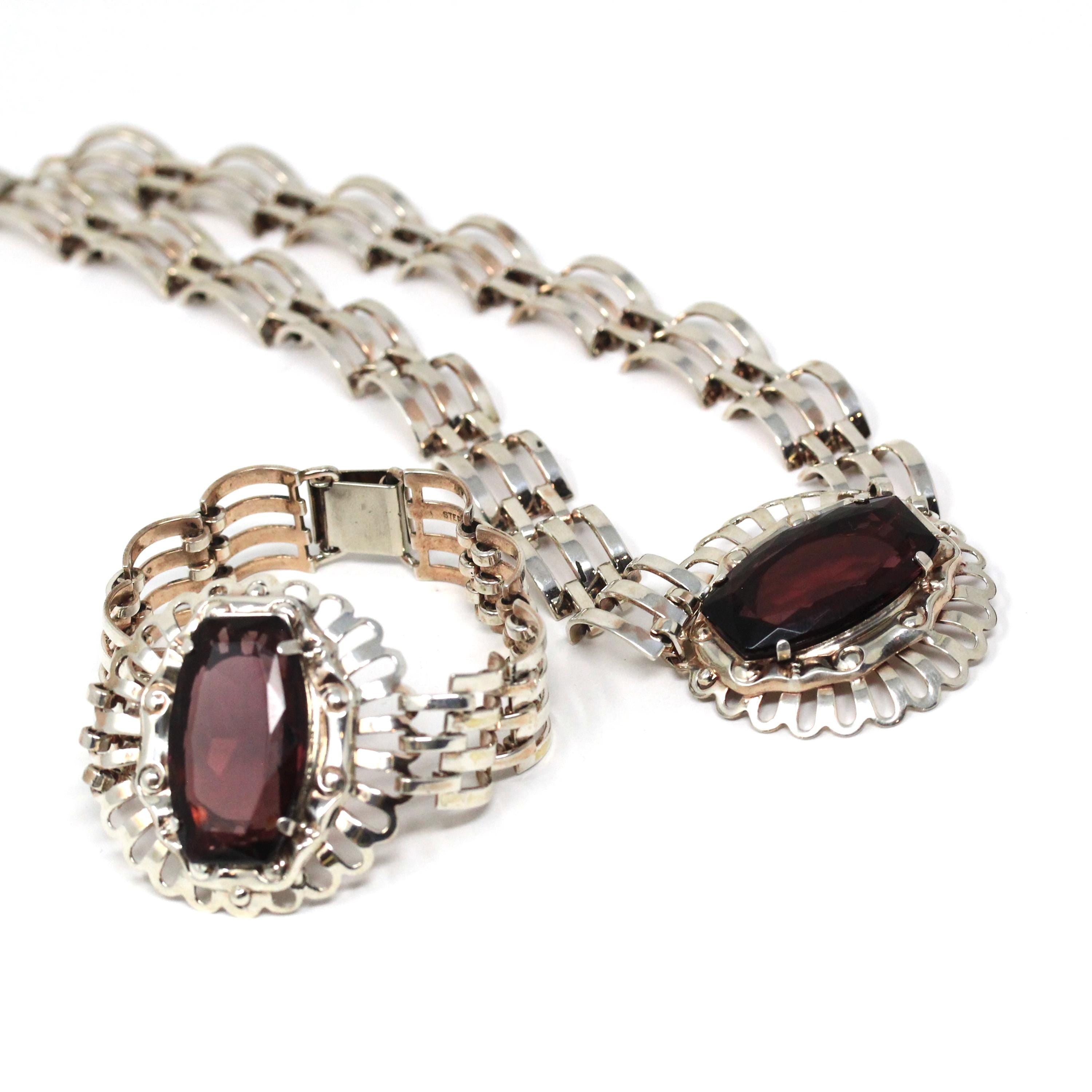 Vintage Jewelry Set - Retro Era Sterling Silver Interlocking Open Metal Purple Glass Choker and Bracelet Links - Circa 1970s Fashion Jewelry