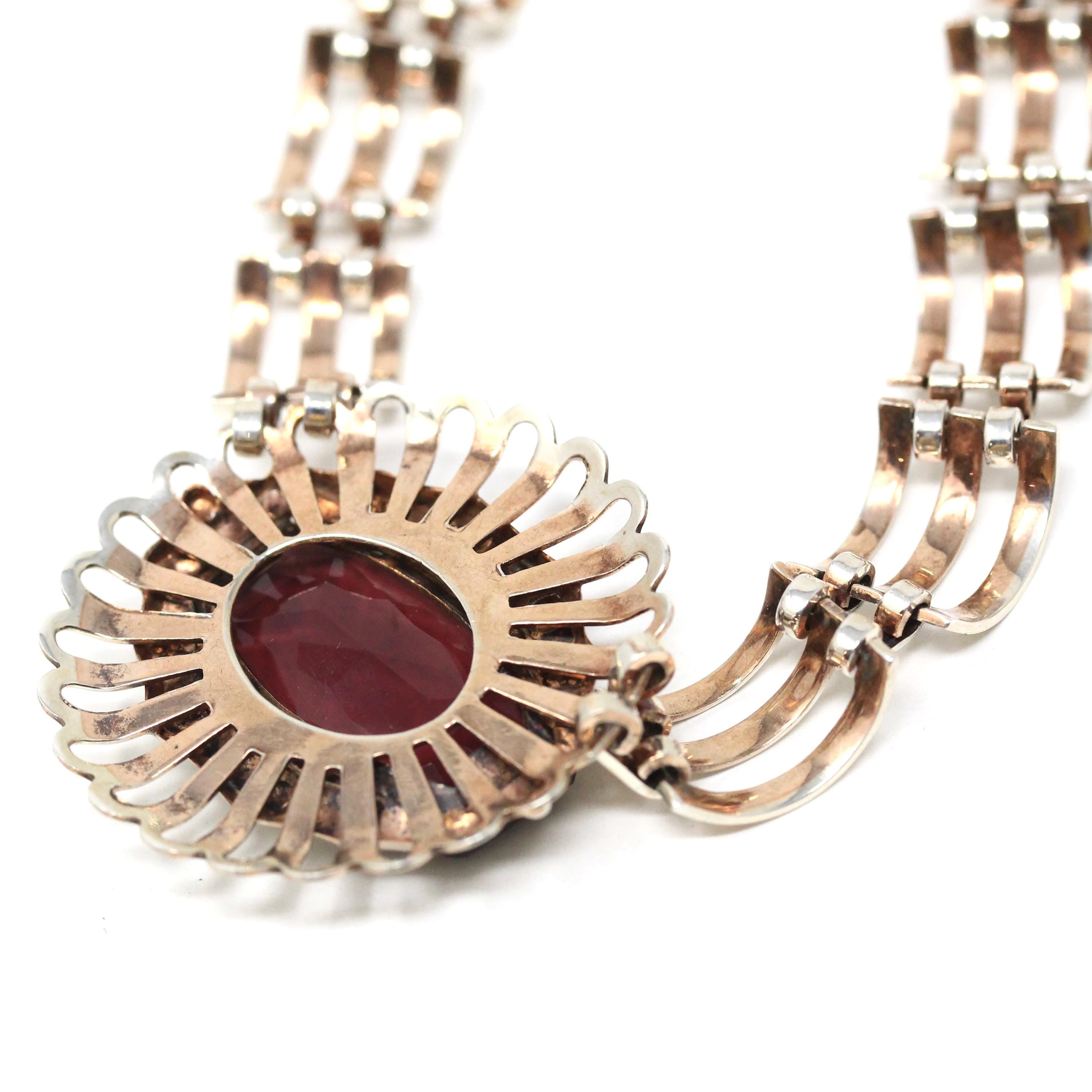 Vintage Jewelry Set - Retro Era Sterling Silver Interlocking Open Metal Purple Glass Choker and Bracelet Links - Circa 1970s Fashion Jewelry