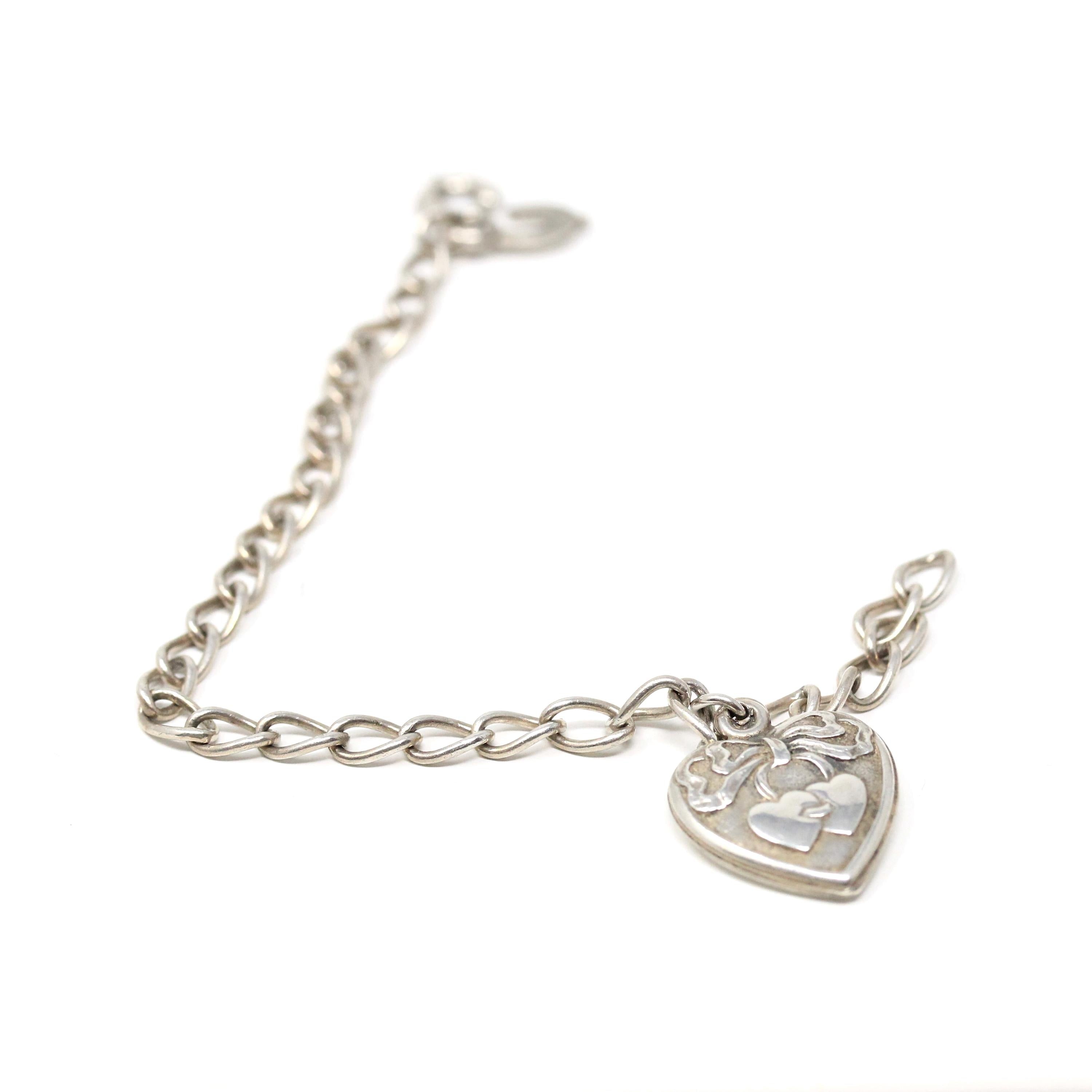 Vintage Heart Bracelet - Mid Century Sterling Silver Puffy Charm Pendant Curb Link Chain - Circa 1940s Era Sweetheart Bow Love Motif Jewelry