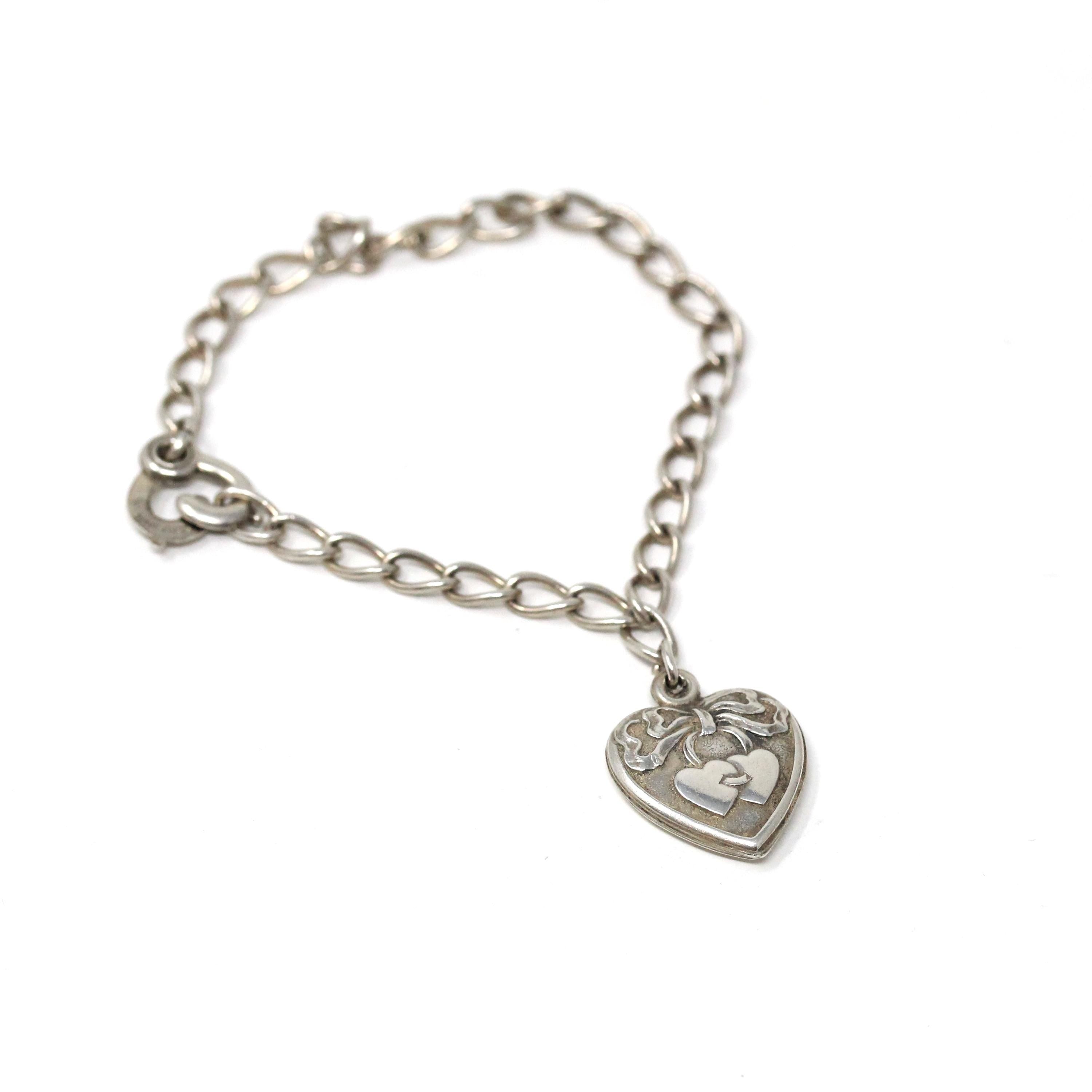 Vintage Heart Bracelet - Mid Century Sterling Silver Puffy Charm Pendant Curb Link Chain - Circa 1940s Era Sweetheart Bow Love Motif Jewelry