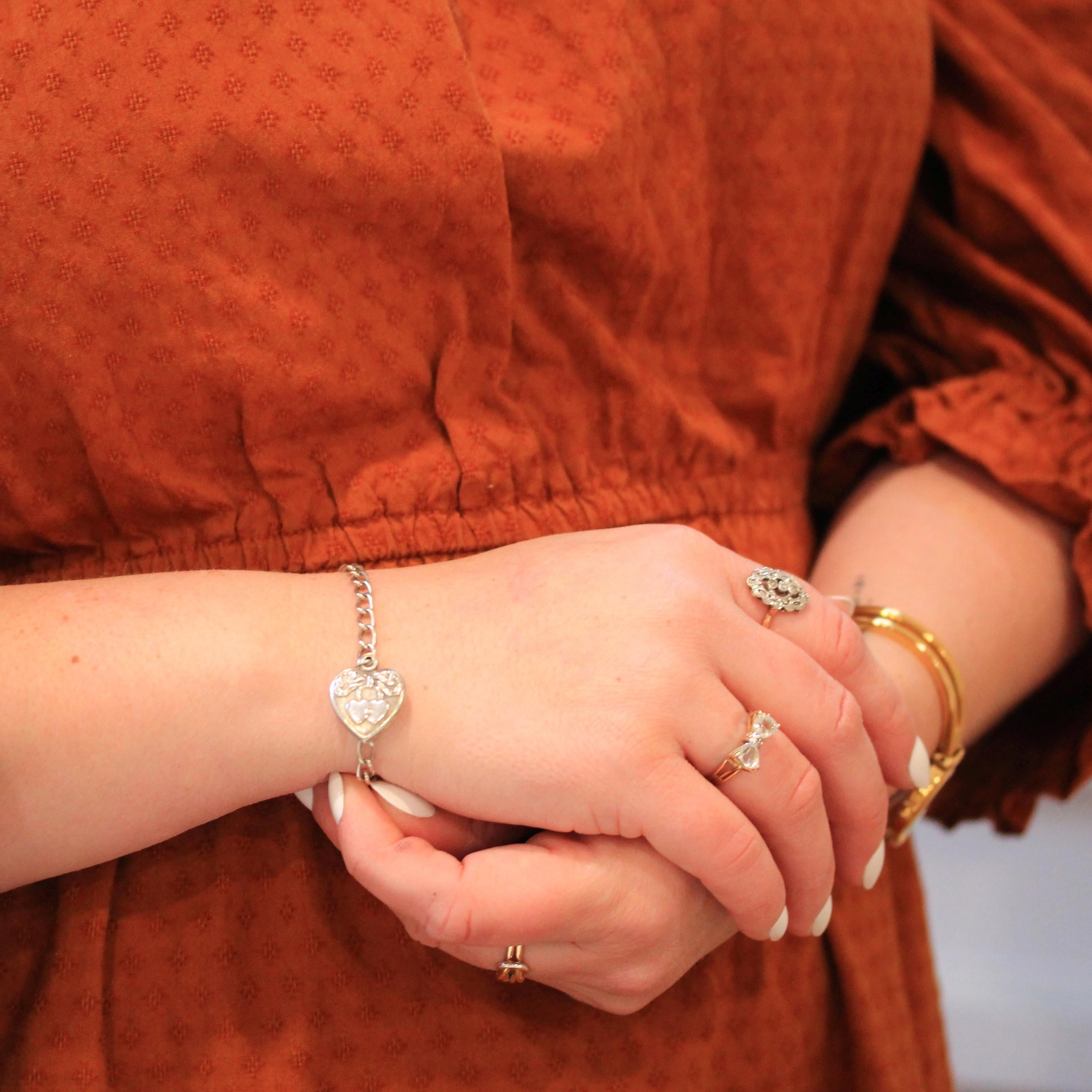 Vintage Heart Bracelet - Mid Century Sterling Silver Puffy Charm Pendant Curb Link Chain - Circa 1940s Era Sweetheart Bow Love Motif Jewelry
