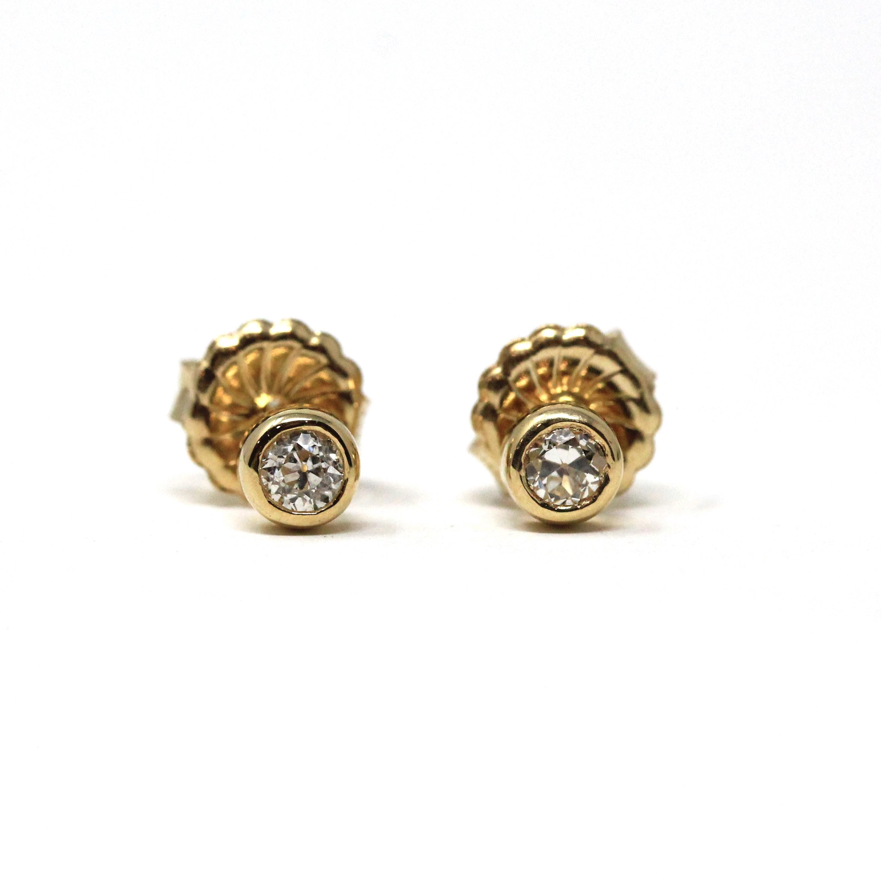 Bezel Diamond Earrings - Contemporary Custom 14k Yellow Gold .24 CTW Natural Old European Cut Gemstones - Post Stud Fine Minimalist Jewelry