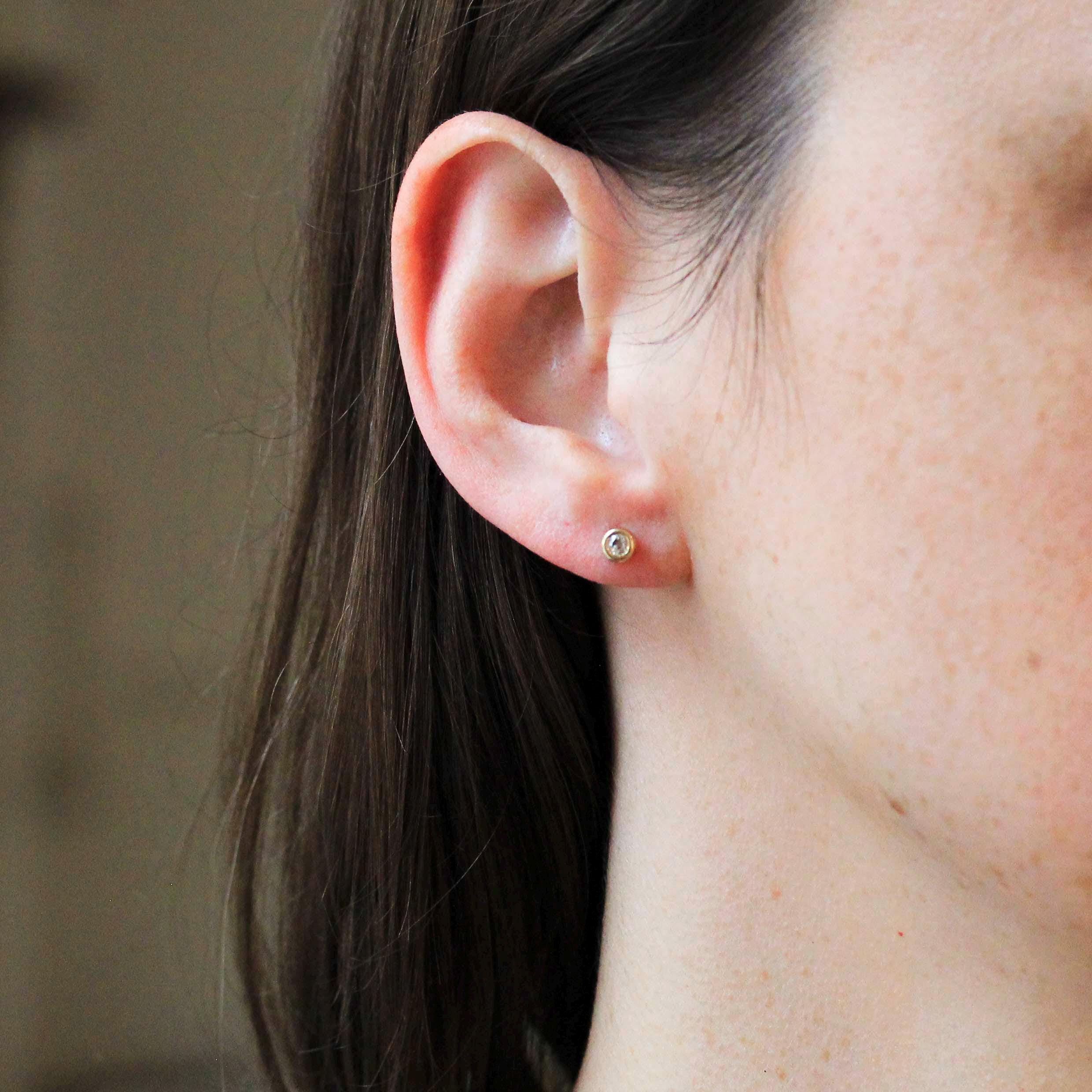 Bezel Diamond Earrings - Contemporary Custom 14k Yellow Gold .24 CTW Natural Old European Cut Gemstones - Post Stud Fine Minimalist Jewelry