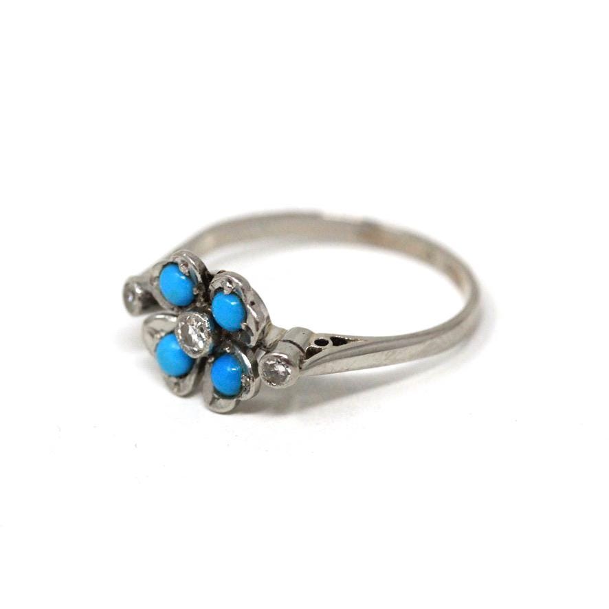 Vintage Shamrock Ring - Mid Century Platinum Turquoise & Diamonds - Circa 1940s Nature Inspired Size 6 1/4 Fine December Birthstone Jewelry